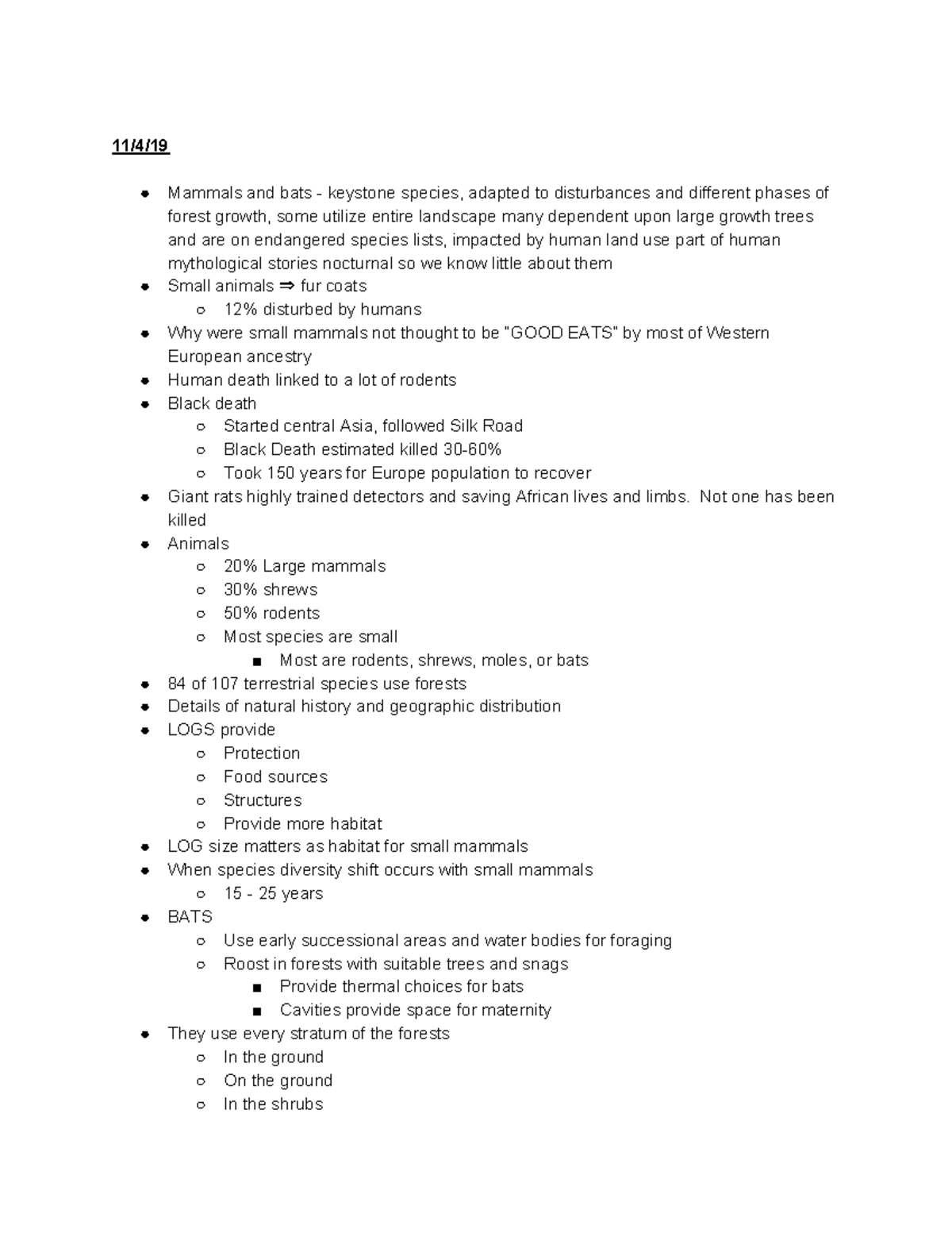 ESRM 101 lecture 11/4/ Mammals and bats keystone species, adapted