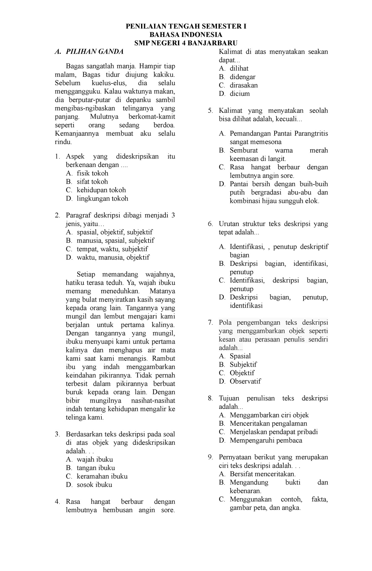 SOAL PTS SEM 1 - SOAL BAHASA INDONESIA - PENILAIAN TENGAH SEMESTER I ...