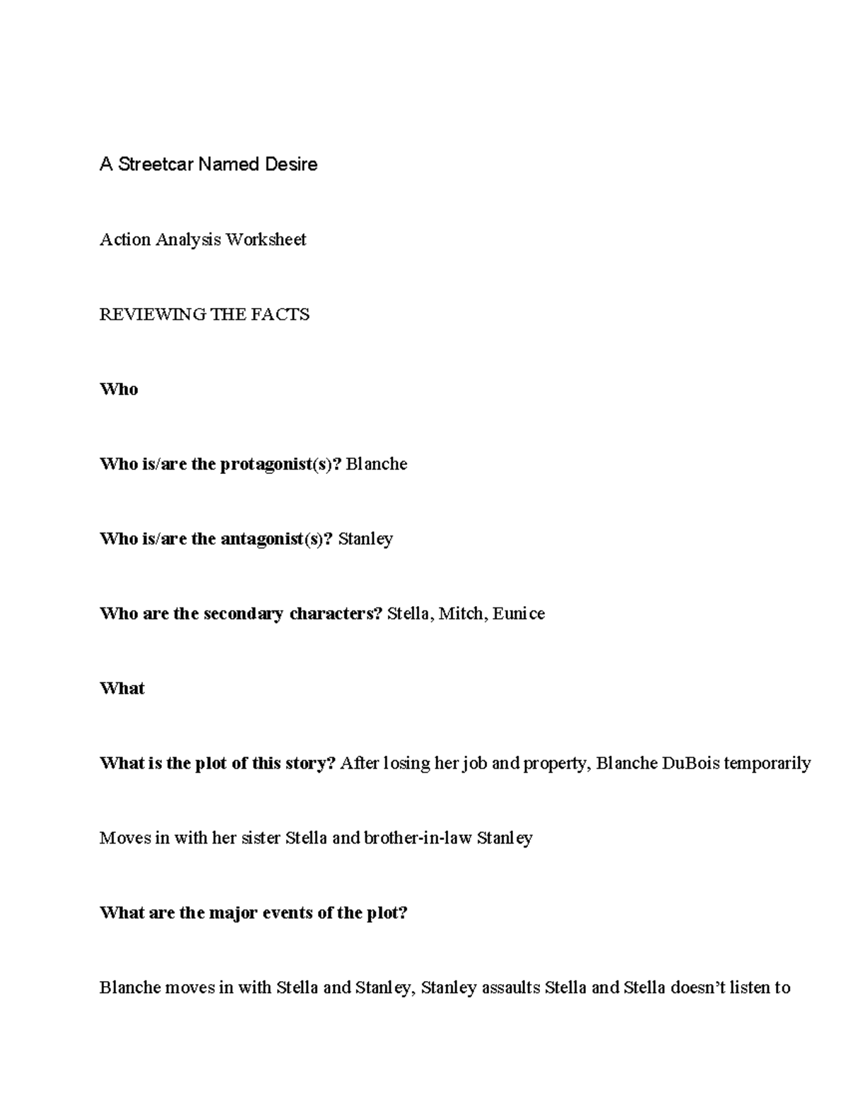 A Streetcar Named Desire Study Guide A Streetcar Named Desire Action Analysis Worksheet