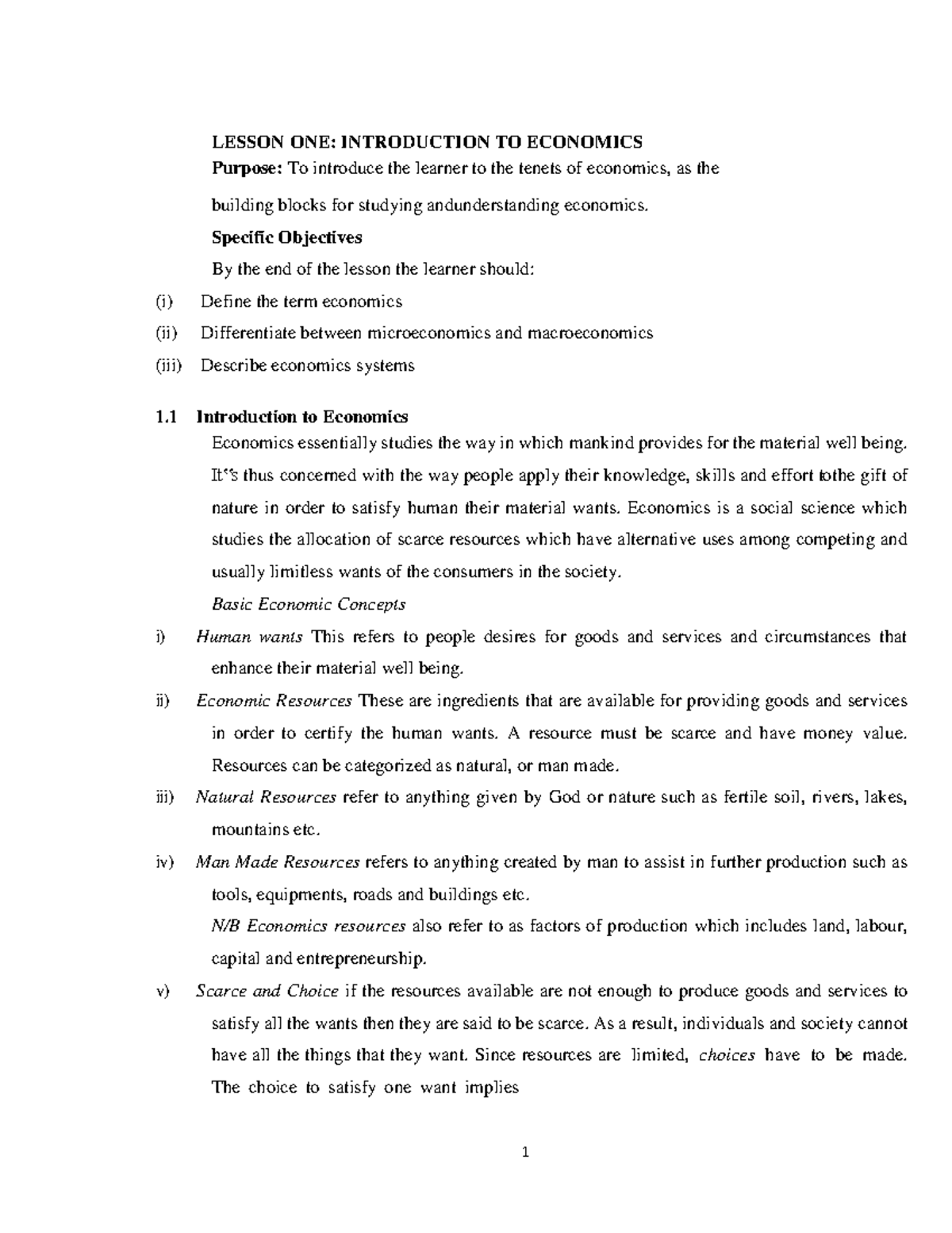 2 . Lesson ONE ECONOMICS LESSON ONE INTRODUCTION TO ECONOMICS