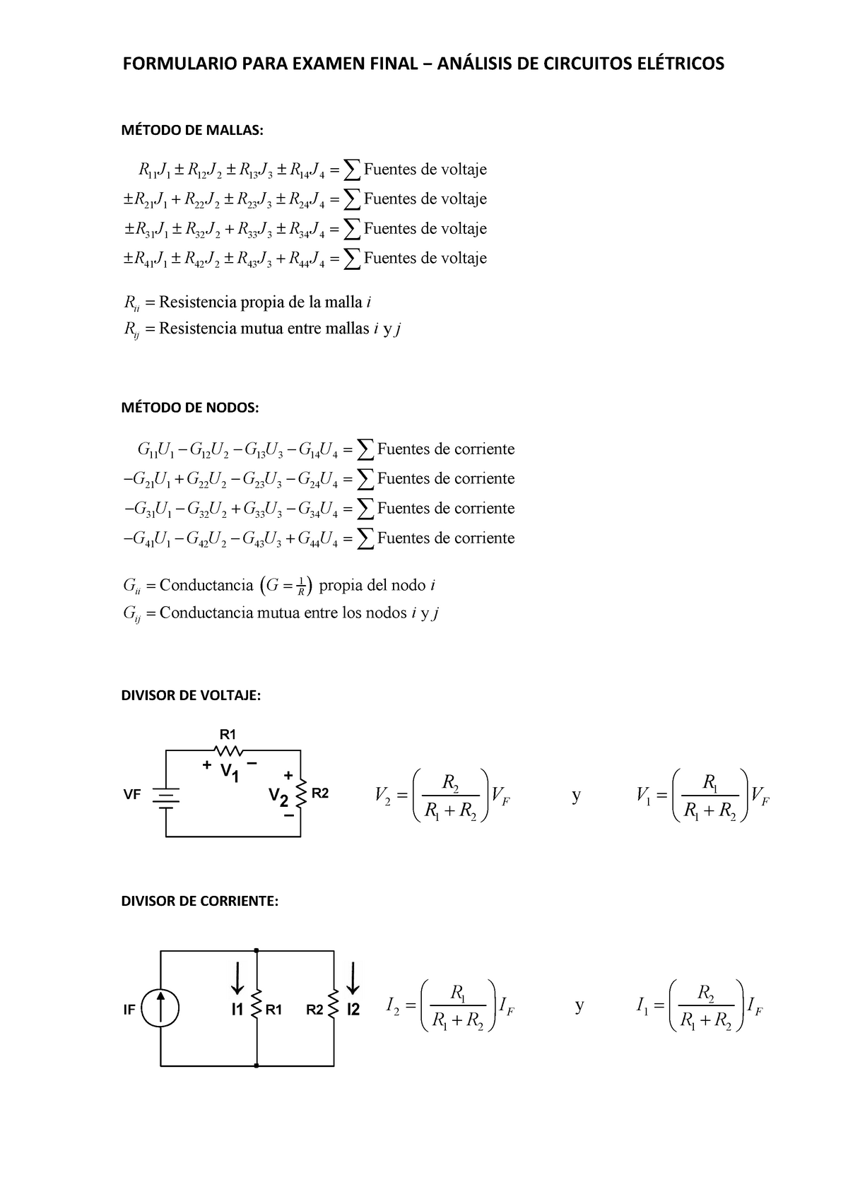 Formulario Final Circuitos Formulario Para Examen Final − AnÁlisis De Circuitos ElÉtricos 5856