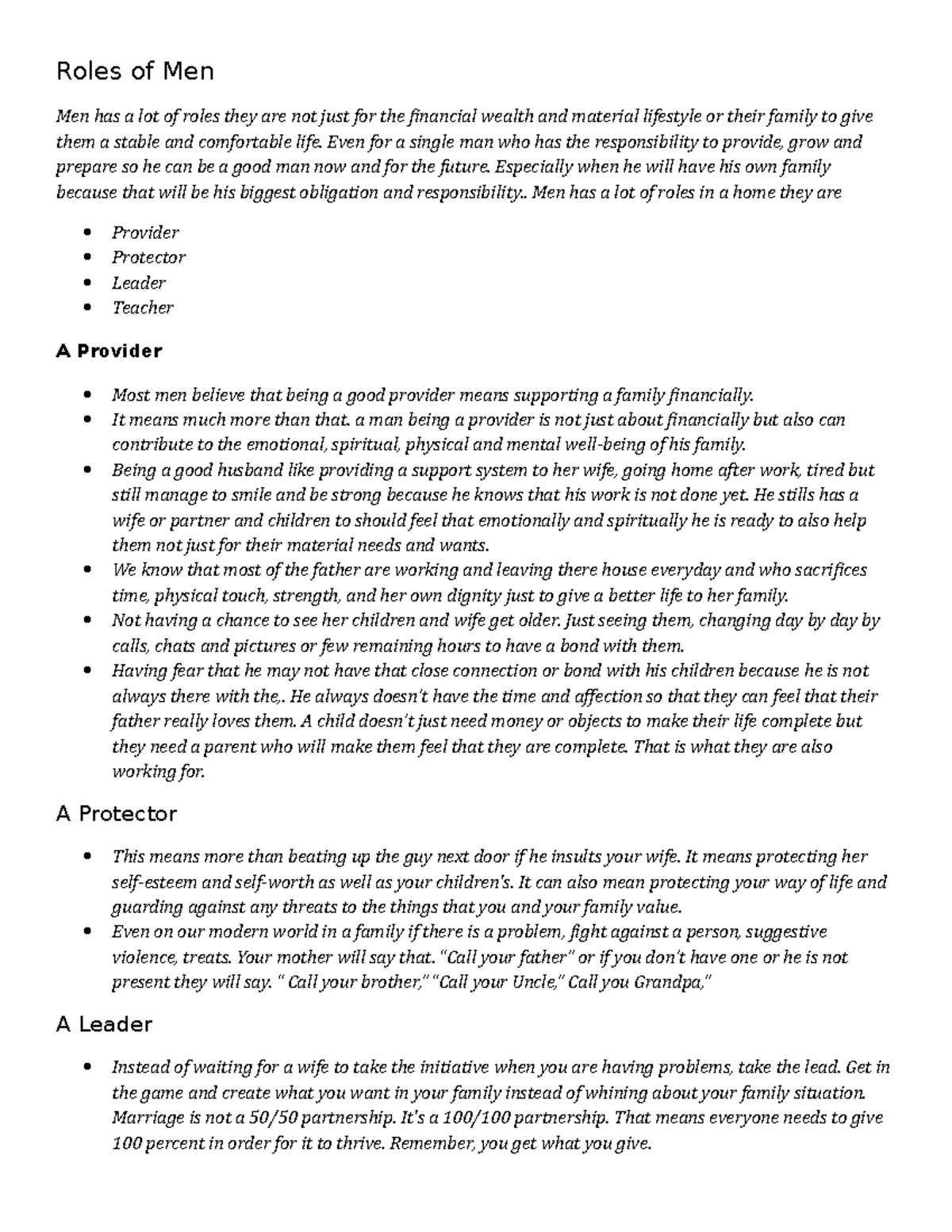 Government - vchsertjhrthrt - Roles of Men Men has a lot of roles they ...