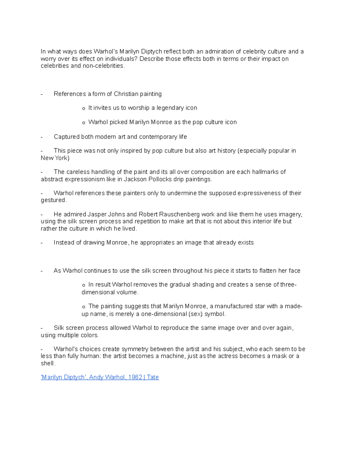 WAH Notes for WAH II In what ways does Warhol’s Marilyn Diptych reflect both an admiration of