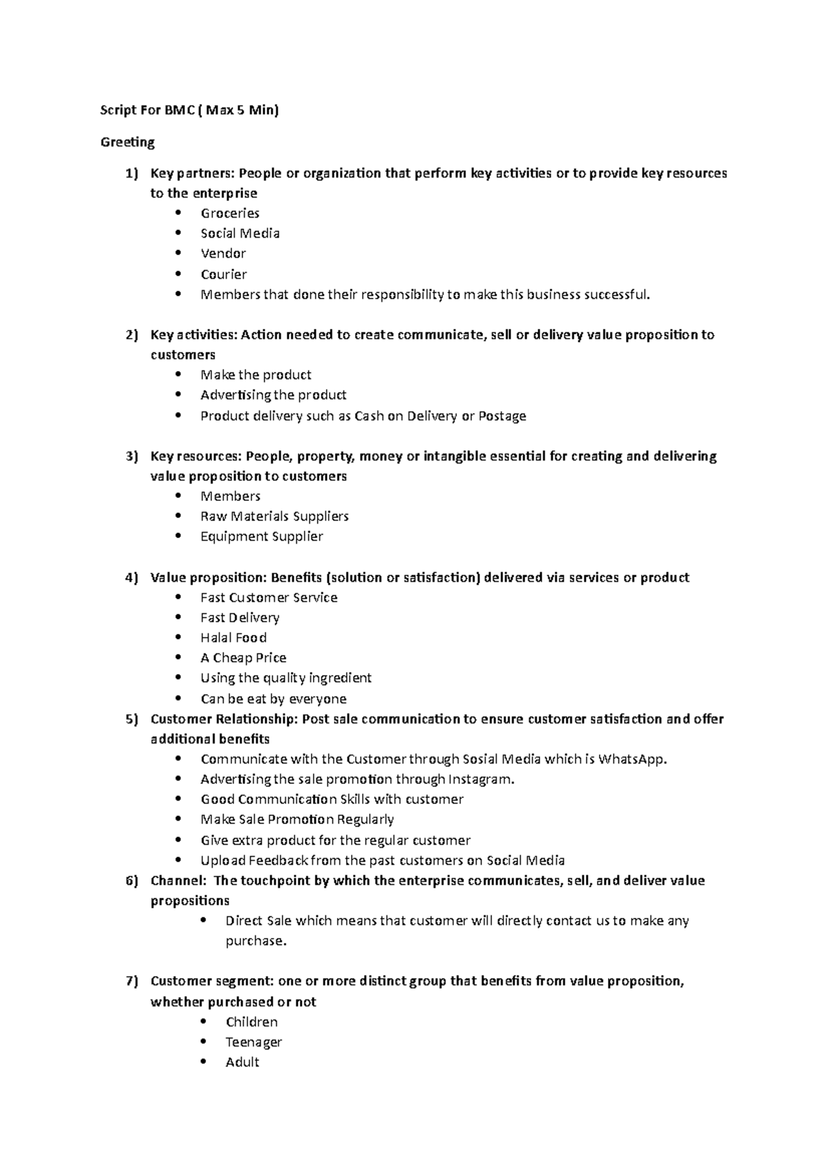 Script For business model canvas Script For BMC ( Max 5 Min) Greeting