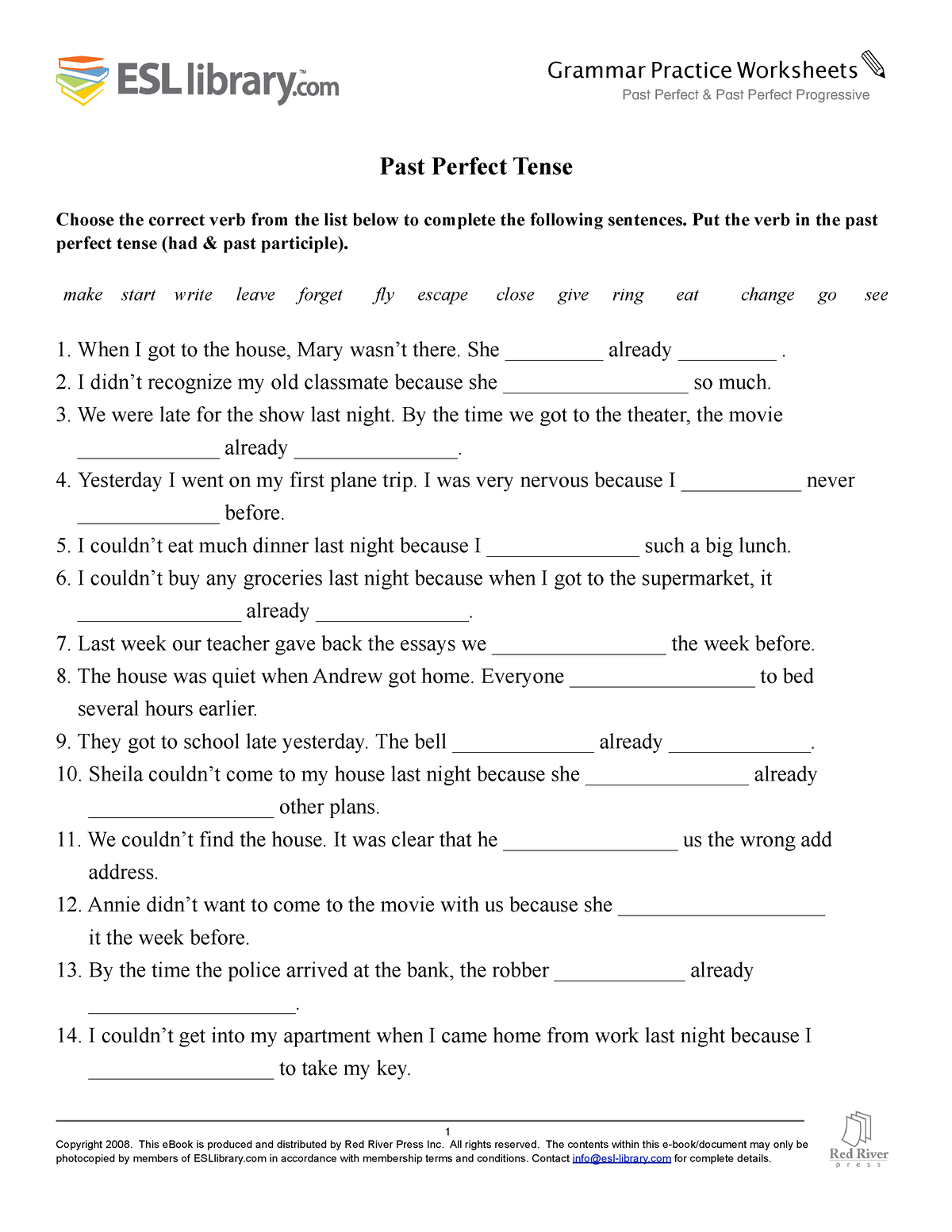 Past Perfect Worksheet Past Perfect Tense Choose The Correct Verb 