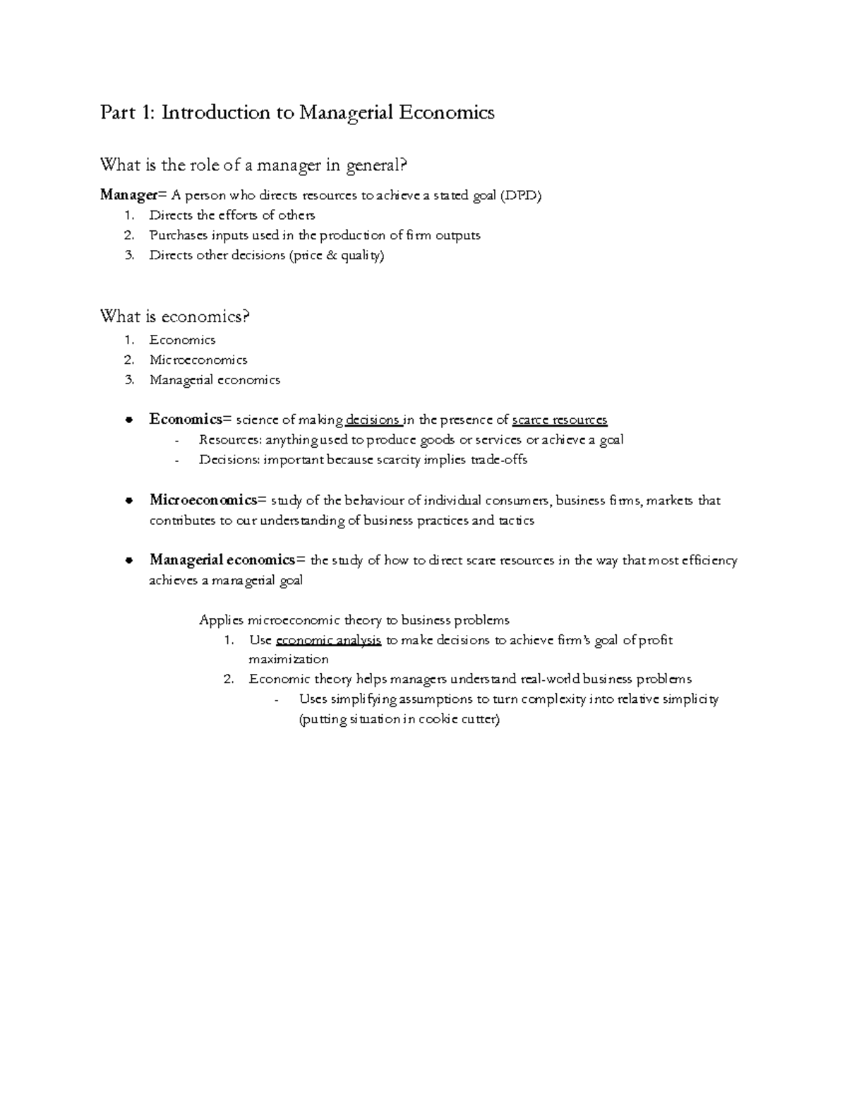 Econ 2129 Midterm 1 notes - Part 1: Introduction to Managerial ...