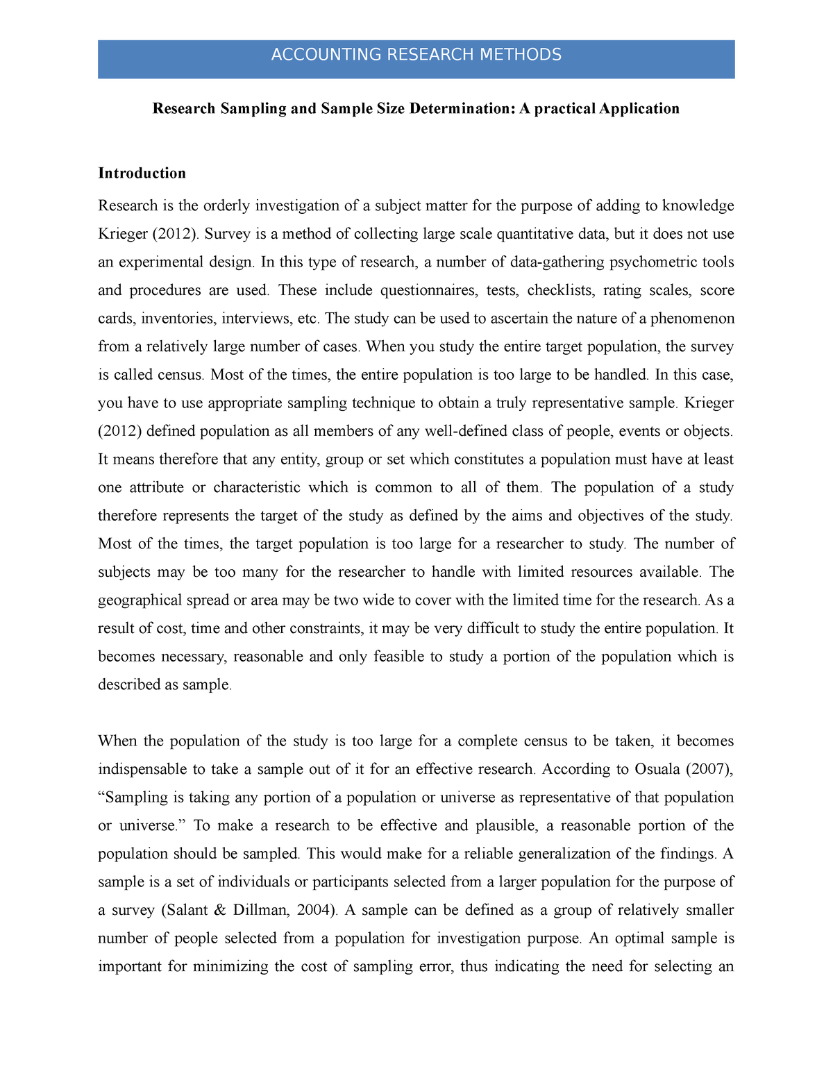 research sampling and sample size determination a practical application