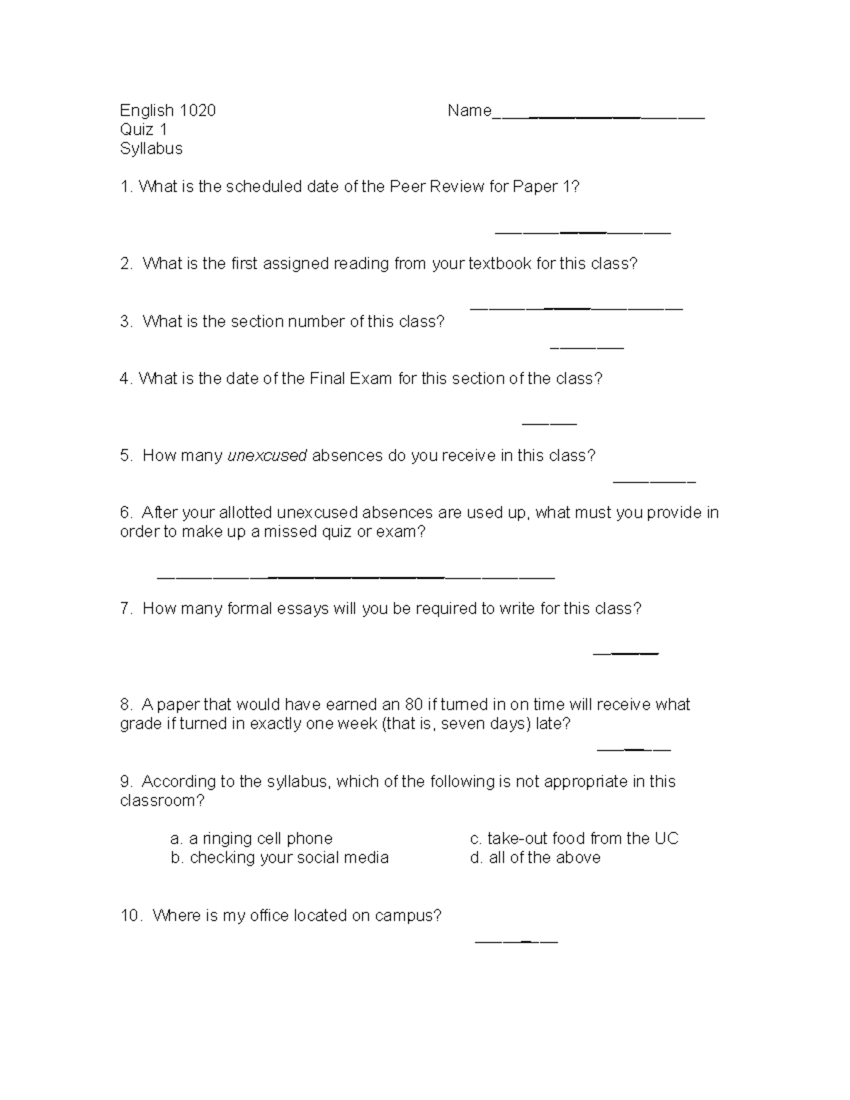 Quiz 1 Syllabus Copy English 1020 Name_______________________ Quiz 1 Syllabus What is the