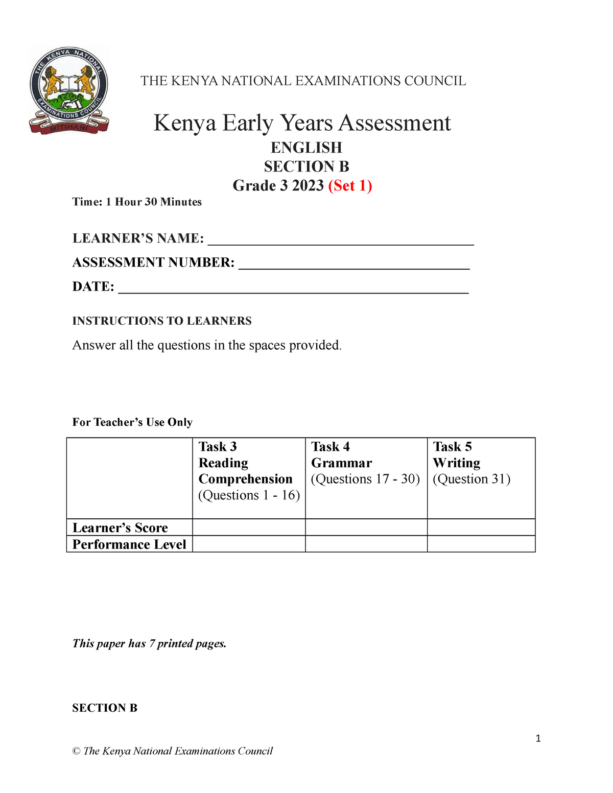 Set 1 Grade 3 Sba Section B The Kenya National Examinations Council Kenya Early Years 5003