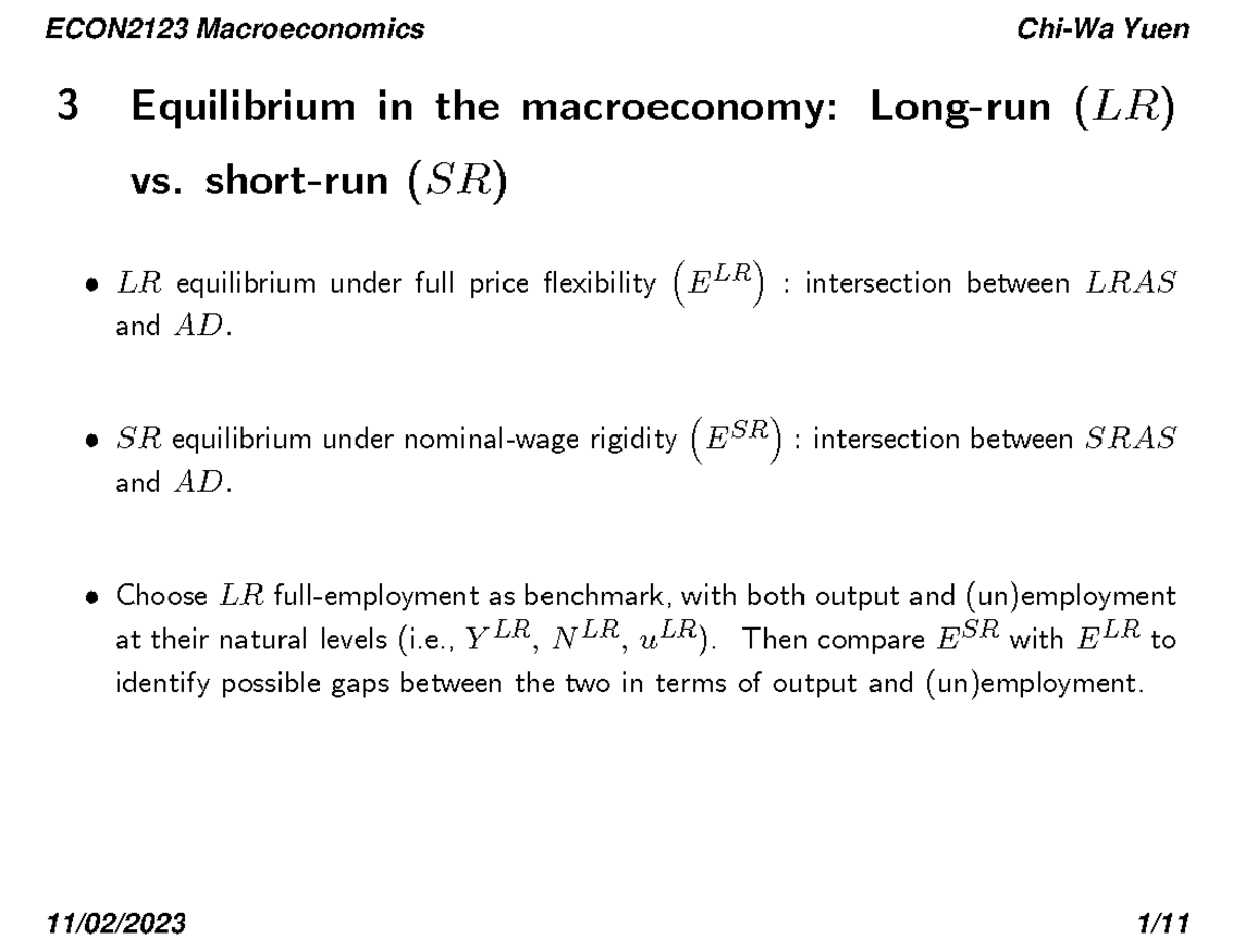 USTmacro 2023b slides 3 (AS-AD - LR vs SR equilibrium) - 3 Equilibrium ...