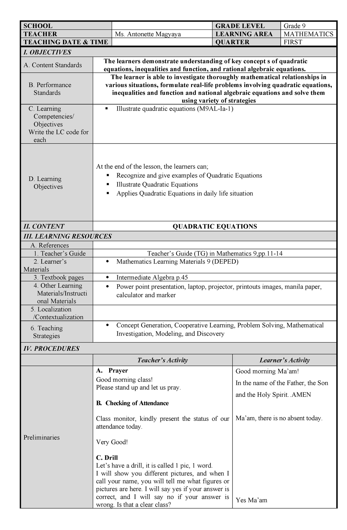 LP G9-first - Nothing - SCHOOL GRADE LEVEL Grade 9 TEACHER Ms ...