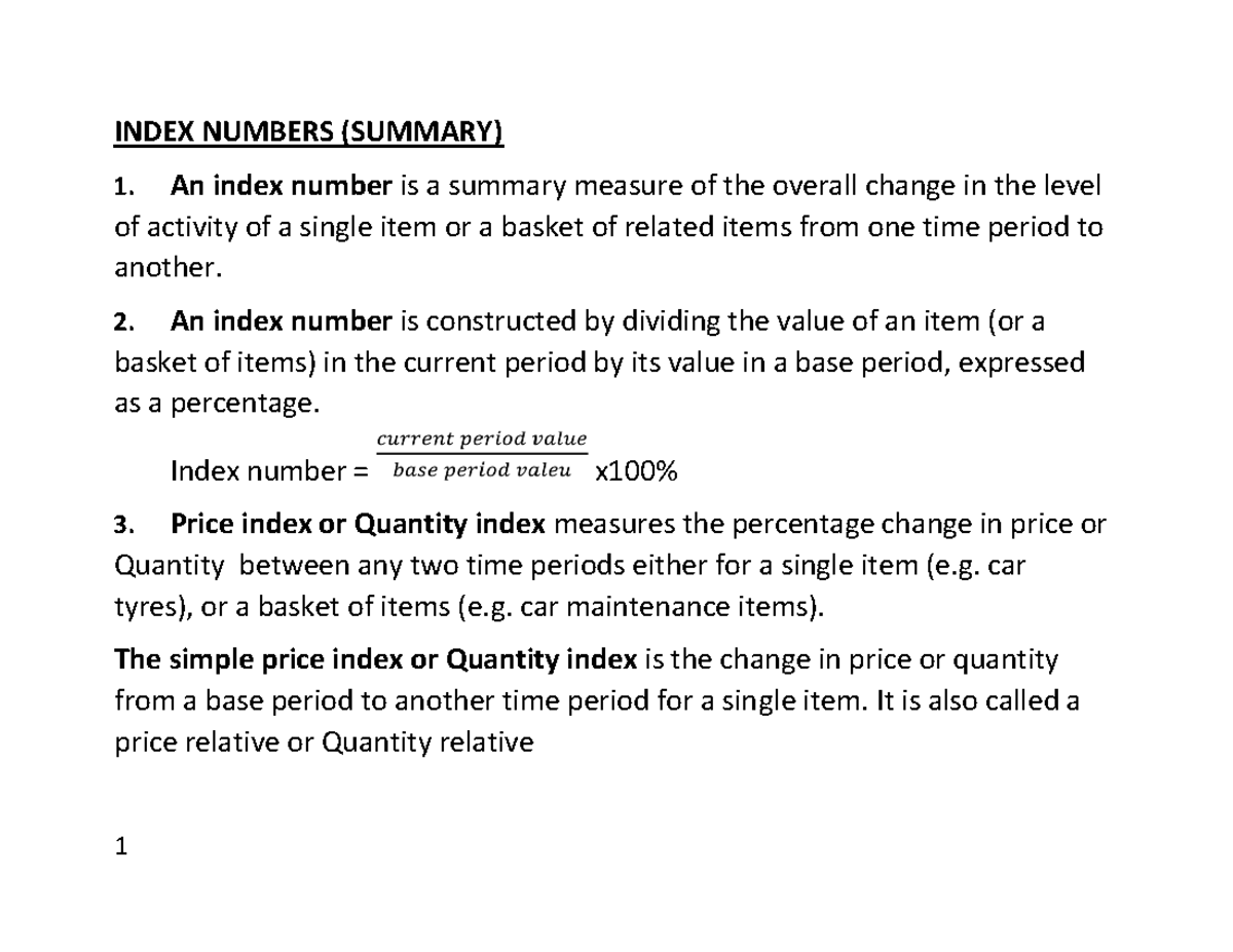 Index numbers notes,,. (3)(1) INDEX NUMBERS (SUMMARY) 1. An index