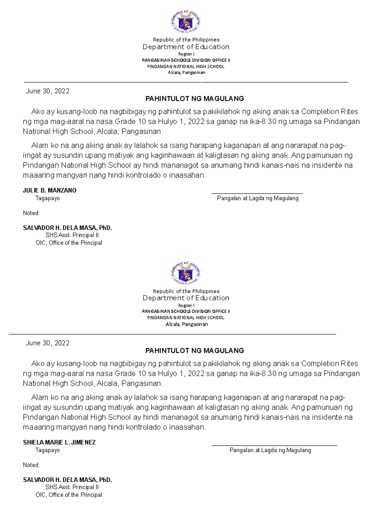 Waiver requirement Department of Education Region I PANGASINAN