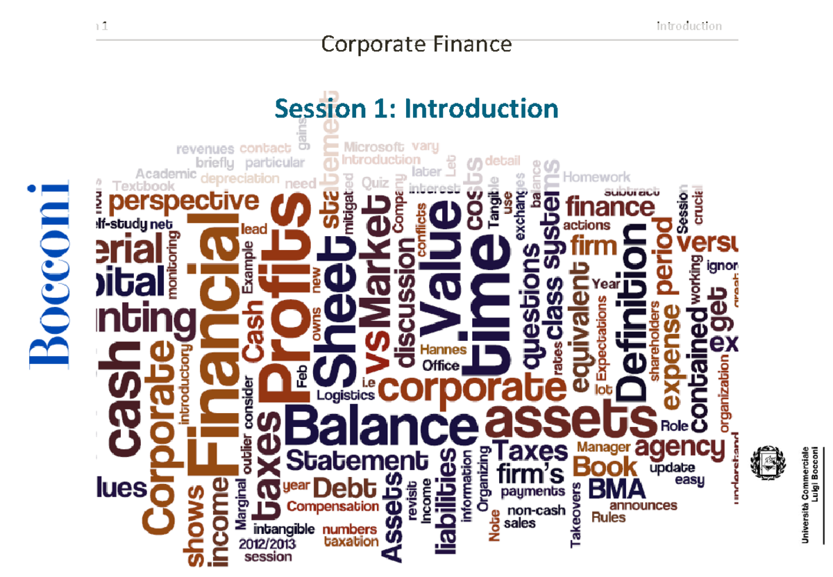 Session 1 - Appunti Di Lezione Lesson 1 - 1 Corporate Finance Session 1 ...