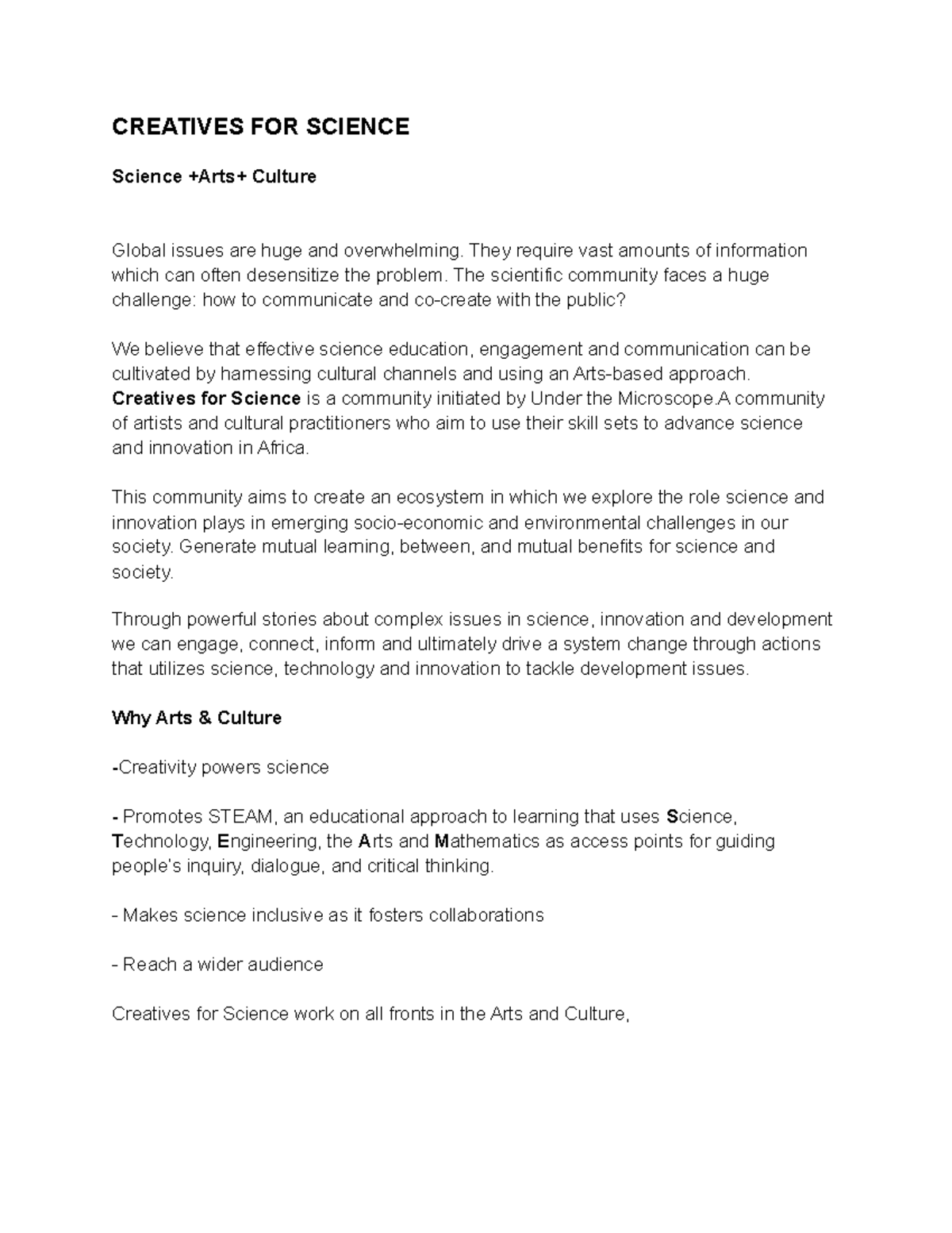 Creative for Science Community- Draft - CREATIVES FOR SCIENCE Science ...