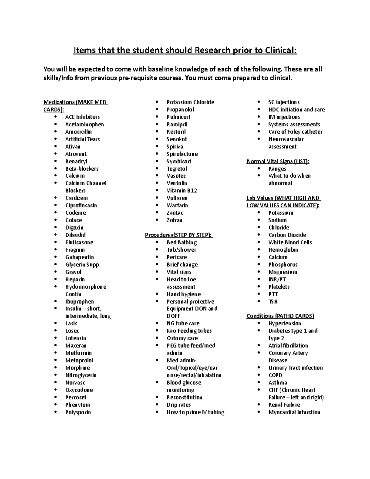 Research prior to clinical - Items that the student should Research ...