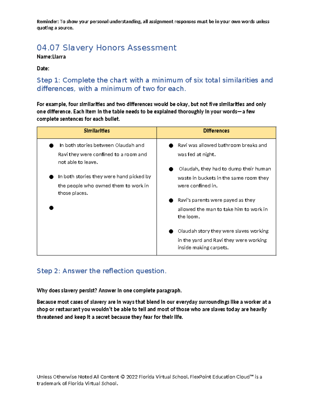 Slavery honors world history flvs - Reminder: To show your personal ...