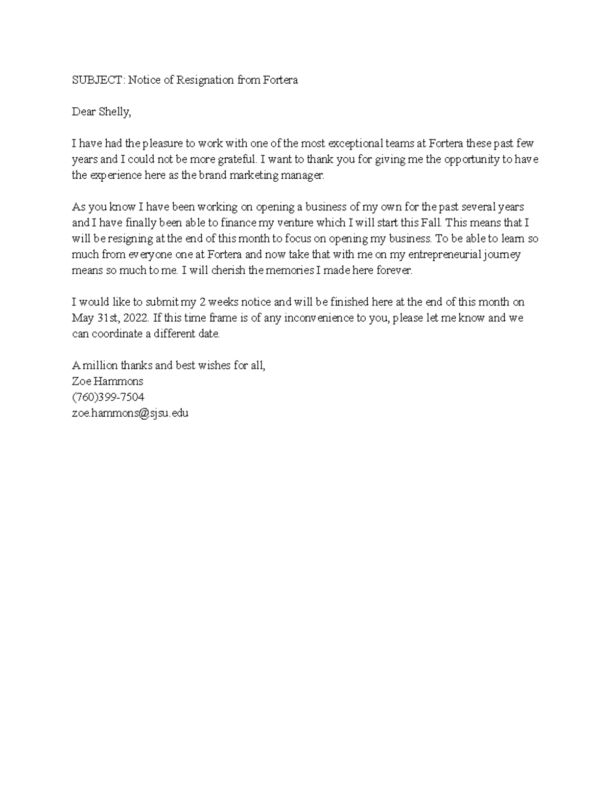 Letter of Resignation BUS Writing - SUBJECT: Notice of Resignation from ...