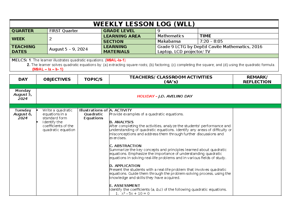 Week 2 August 5 - 9, 2024 - DLL in 4A's format - WEEKLY LESSON LOG (WLL ...