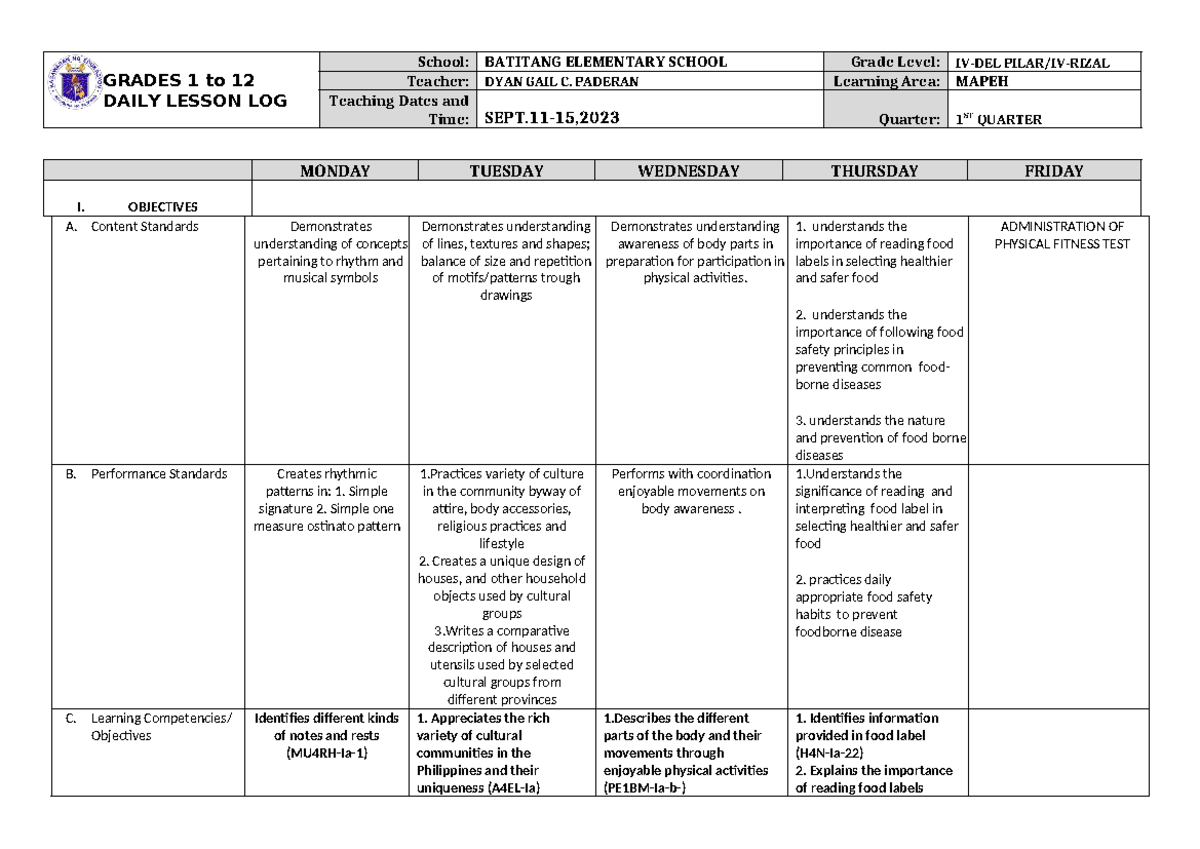 DLL Mapeh 4 Q1 W1 - dll - GRADES 1 to 12 DAILY LESSON LOG School ...