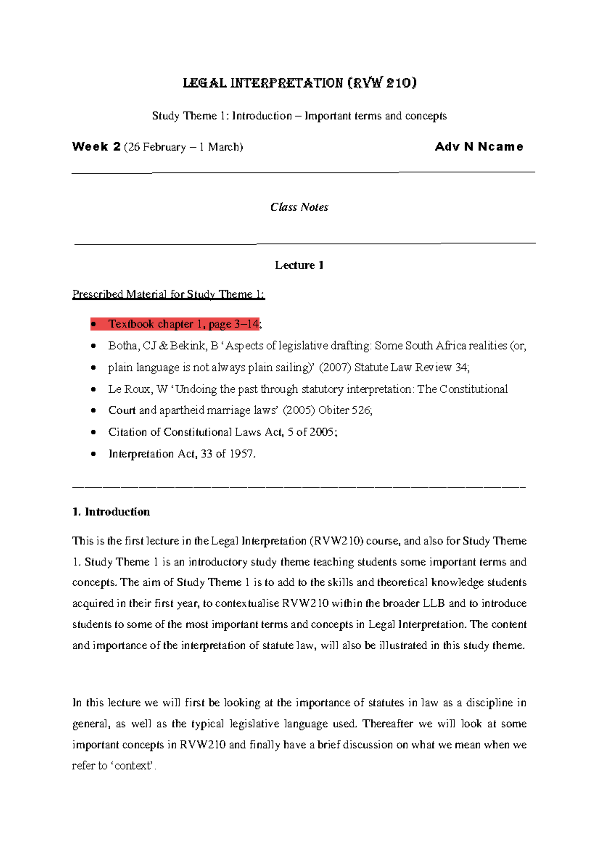 Notes 1 - Theme 1 - RVW210 - Legal Interpretation (RVW 210) Study Theme ...
