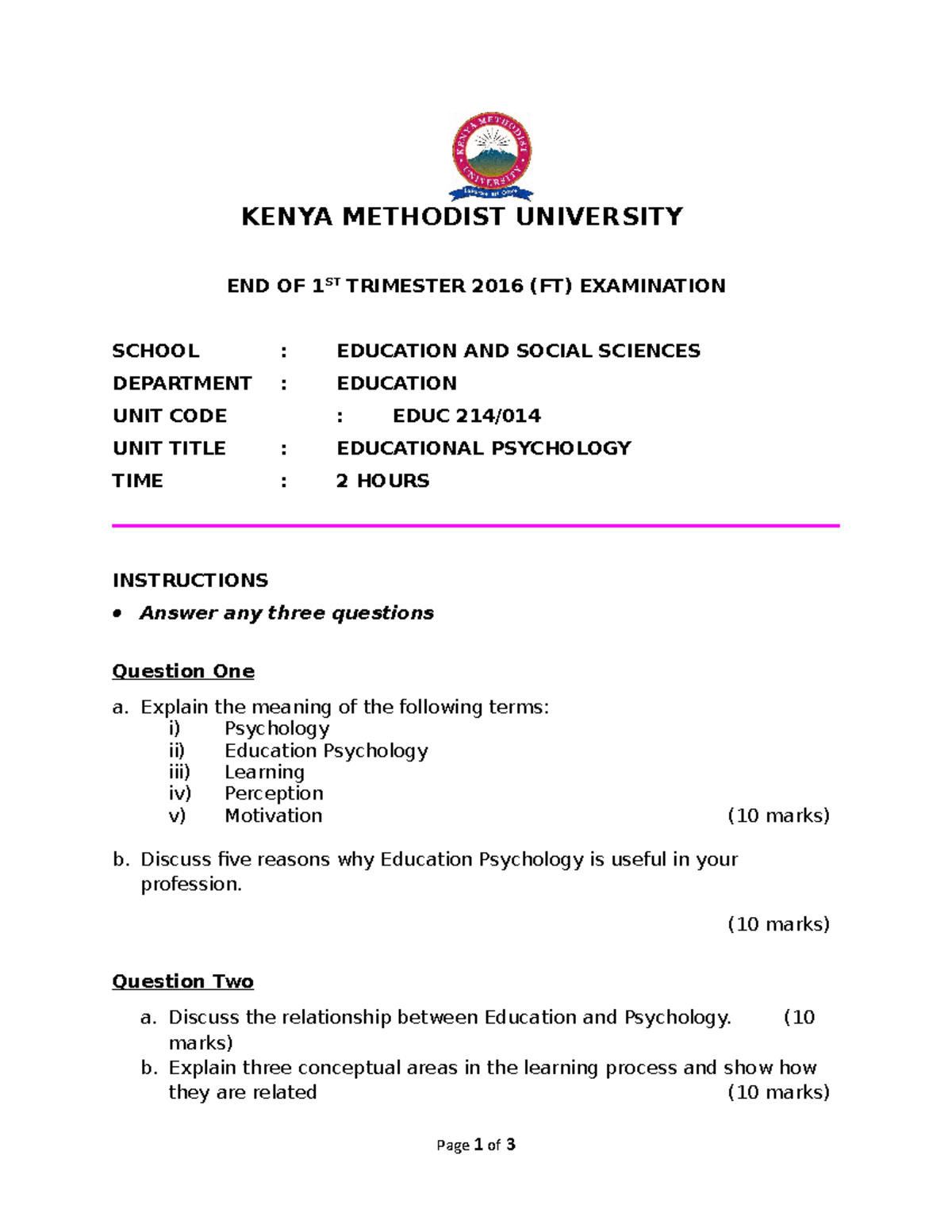 Educational Psychology (EDUC 214014) 1st trimester 2016 KENYA