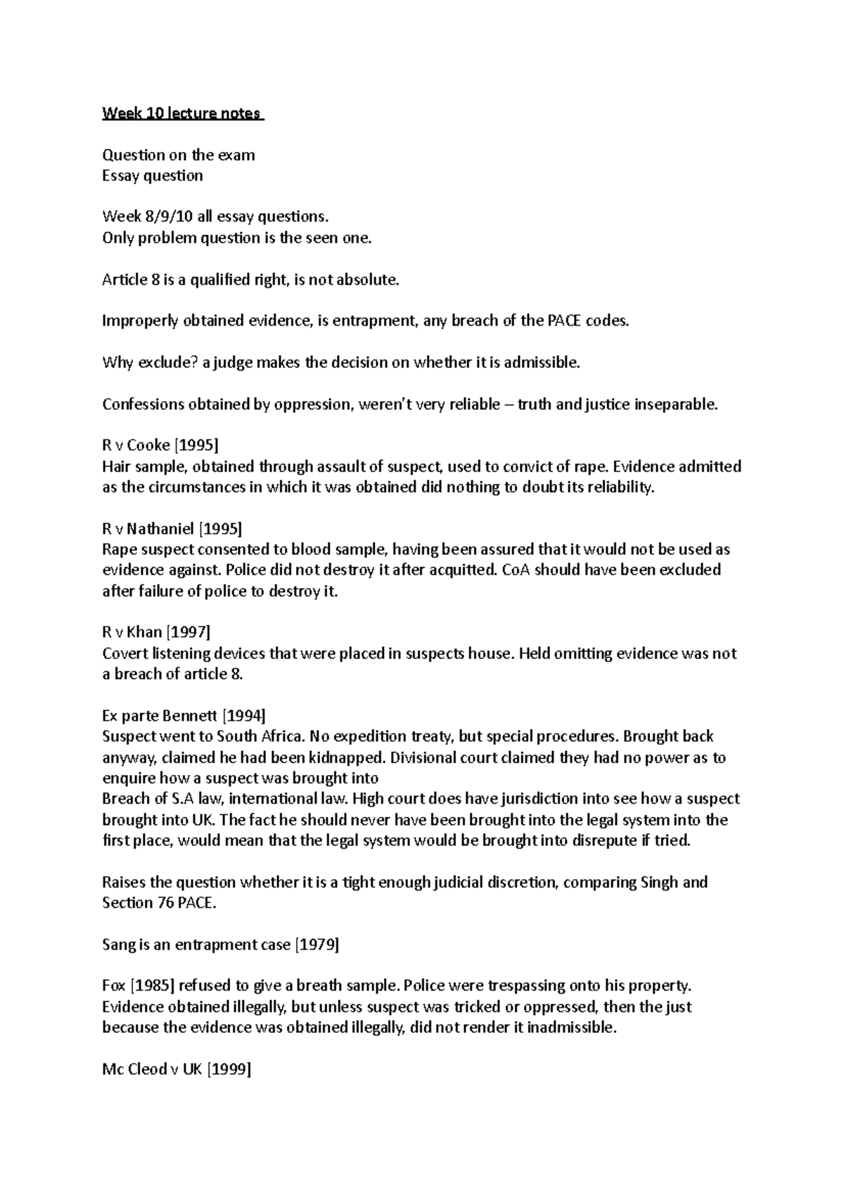 Week 10 lecture notes - Week 10 lecture notes Question on the exam ...