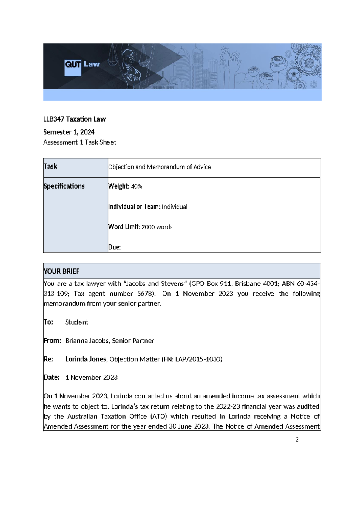 Final TASK Sheet MEMO 2024 moderated - 2 LLB347 Taxation Law Semester 1 ...