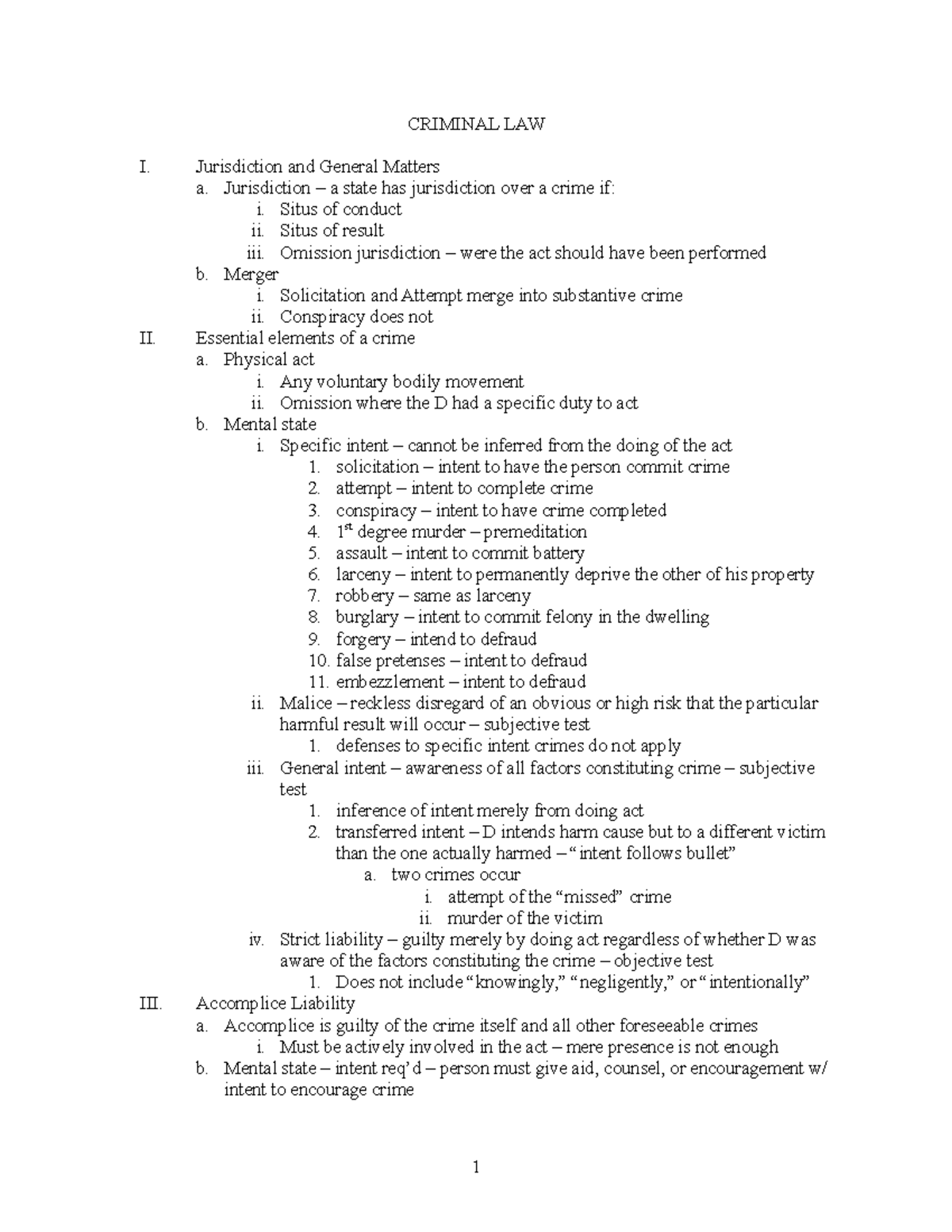 Criminal-LAW - Criminal Law Outline - CRIMINAL LAW I. Jurisdiction and ...