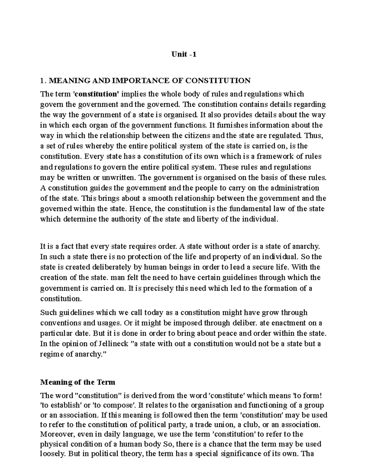Constitution Criminal Law Based Unit 1 MEANING AND IMPORTANCE OF 