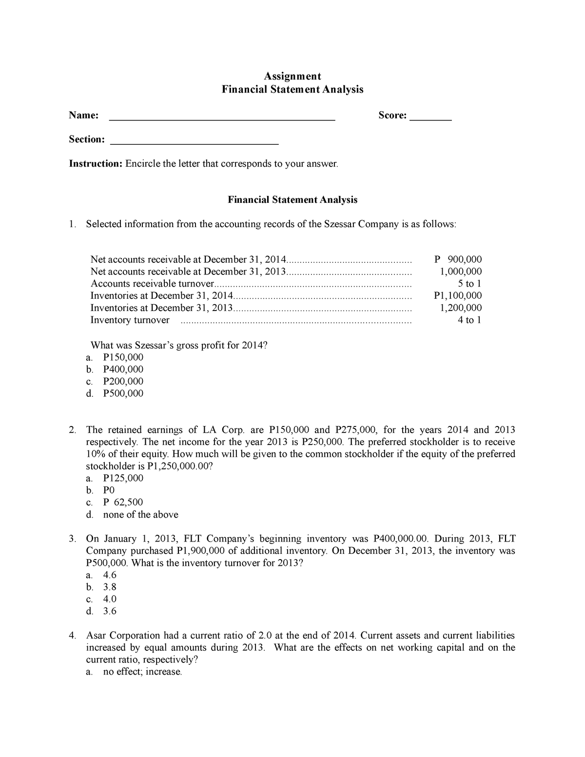 Financial Statement Analysis Questions And Answers