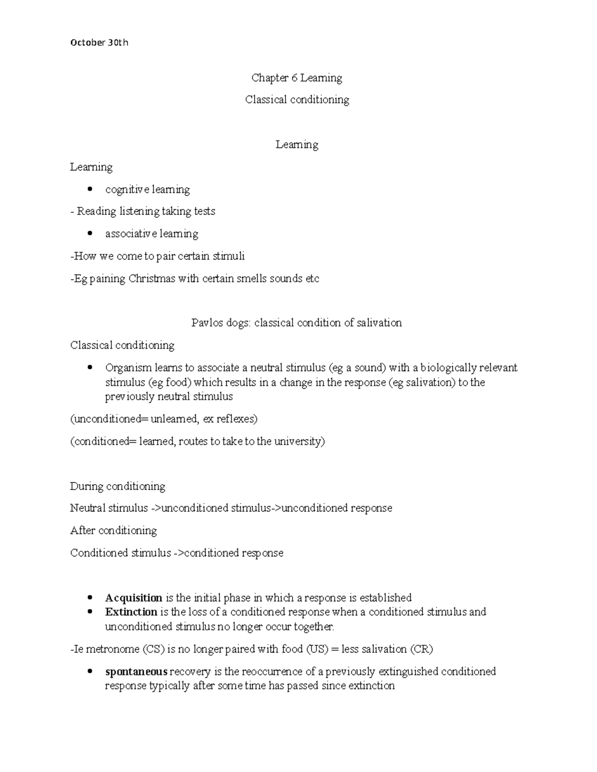 Chapter 6 Learning - October 30th Chapter 6 Learning Classical ...