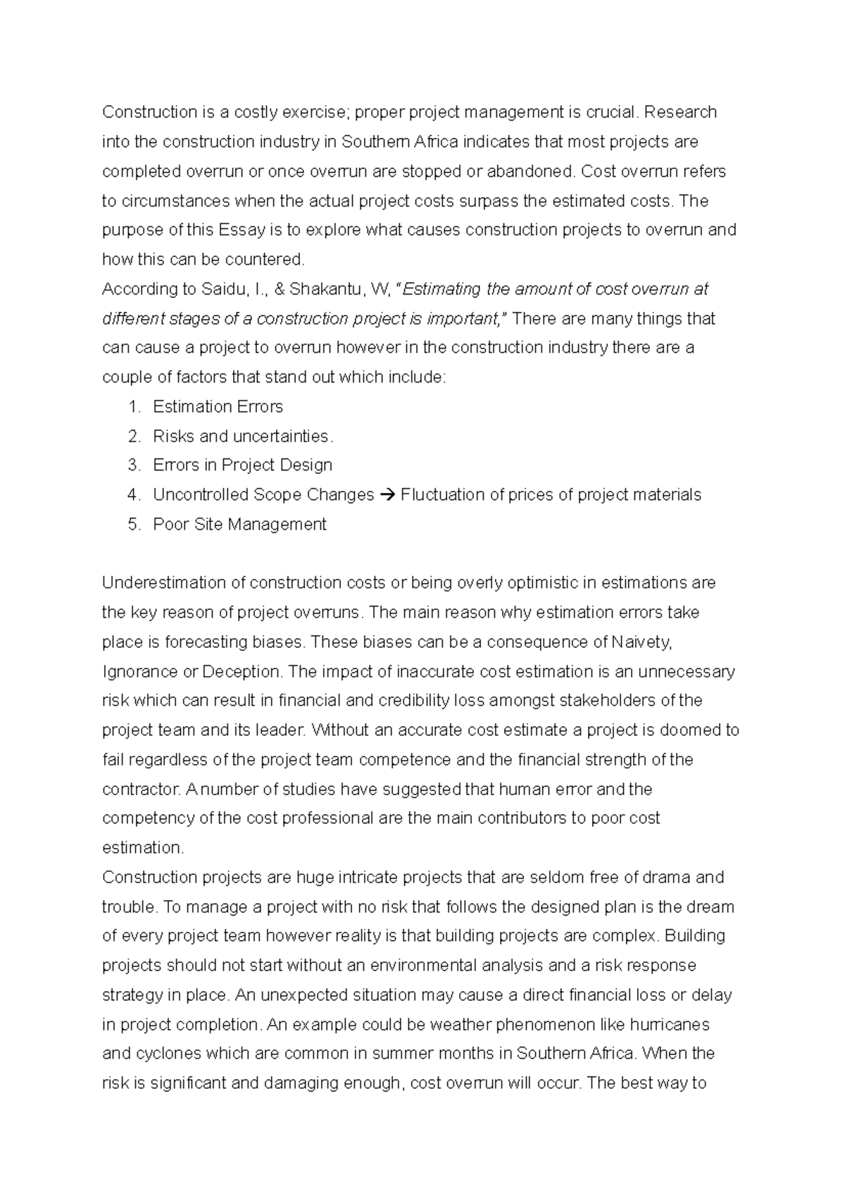 SA2 HBMN331-1 - SA2 ESSAY ANS - Construction is a costly exercise ...