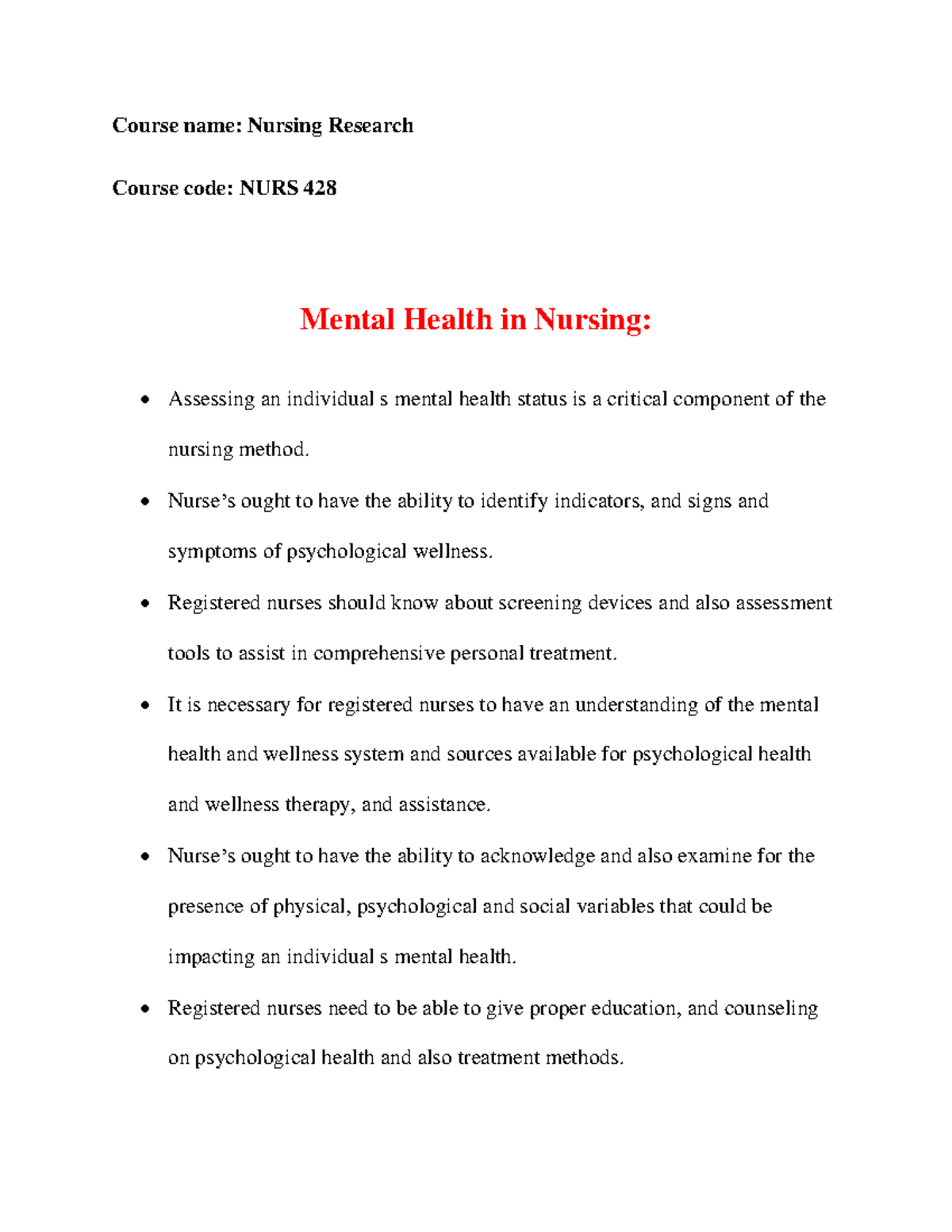 Mental Health in Nursing - Course name: Nursing Research Course code ...