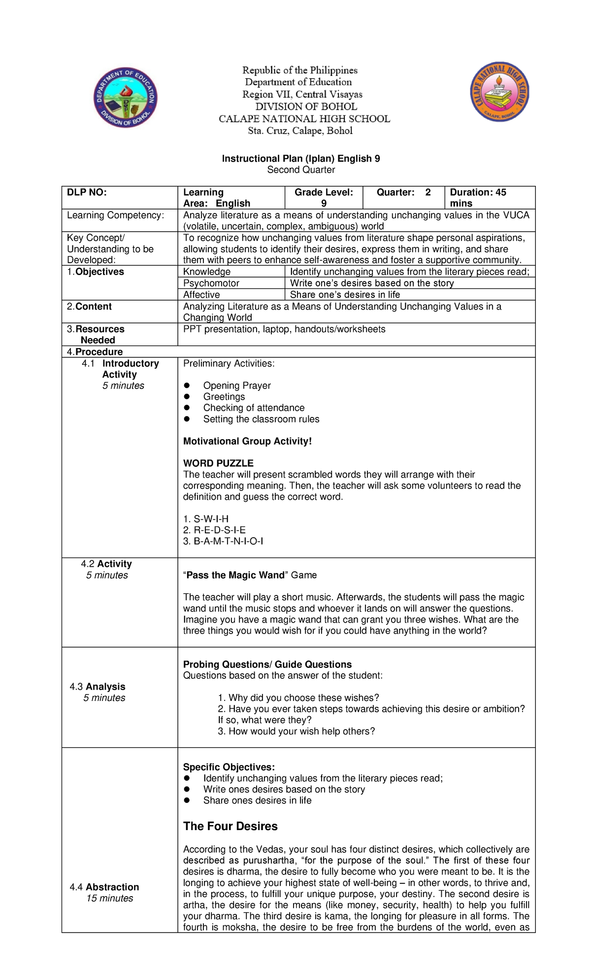 lesson plan for english - Instructional Plan (Iplan) English 9 Second ...