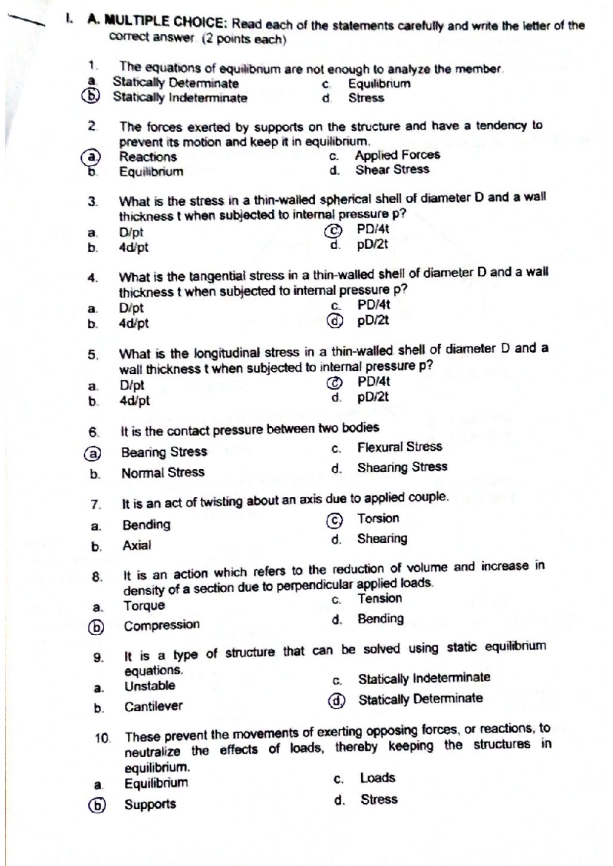 Document-16 - practice problem - I. A. MULTIPLE CHOICE: Read each of ...