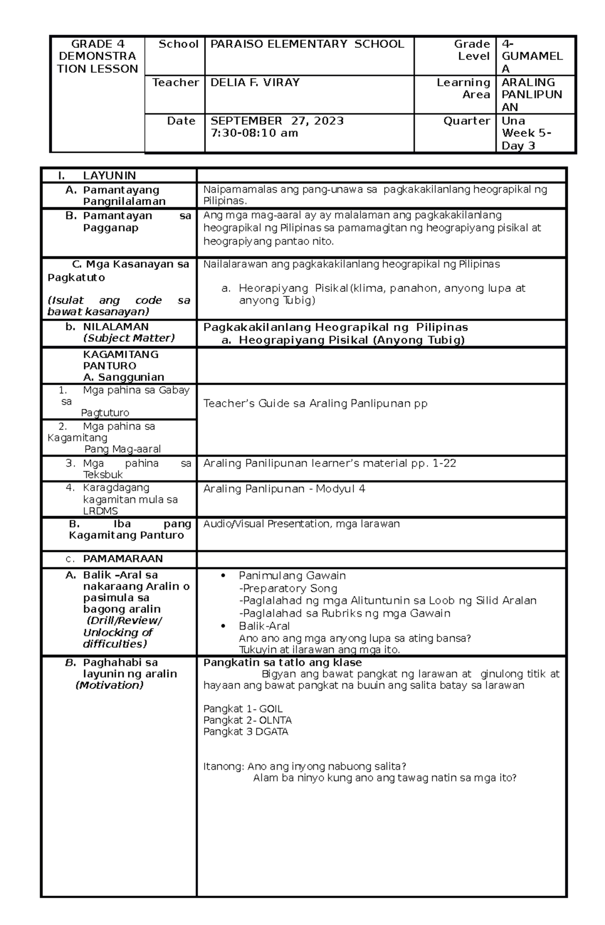 Q1 Aral Pan 4 Q1 W5 D3 Cot Lesson Plan Copy Grade 4 Demonstra Tion Lesson School Paraiso 7603