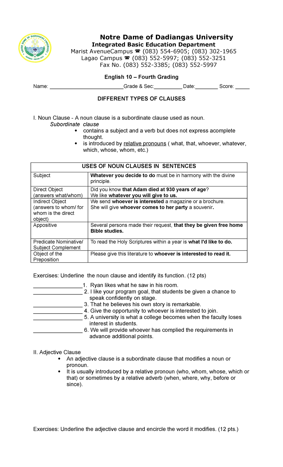 Clauses Handout - Notre Dame of Dadiangas University Integrated Basic