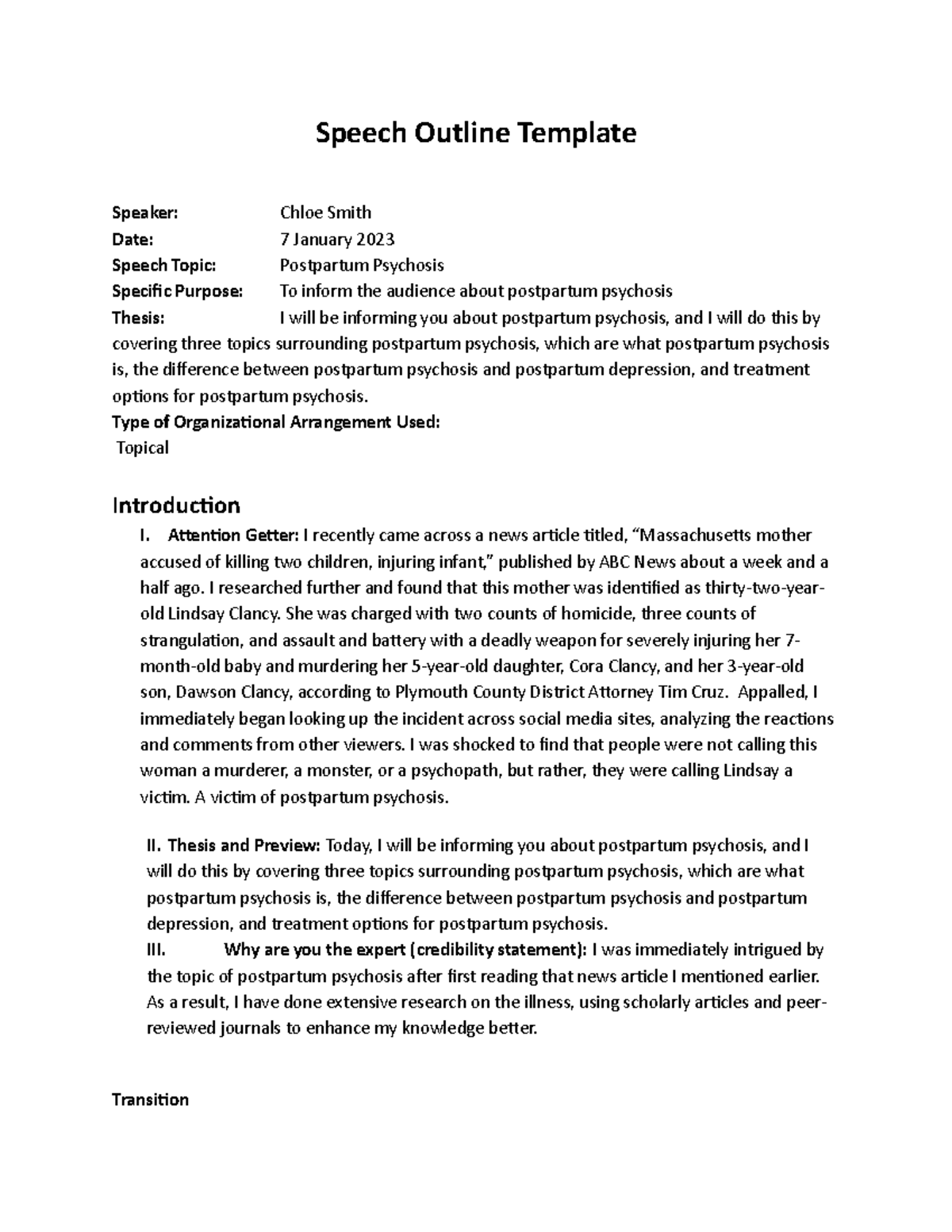 Postpartum Psychosis Speech Outline - Speech Outline Template Speaker ...