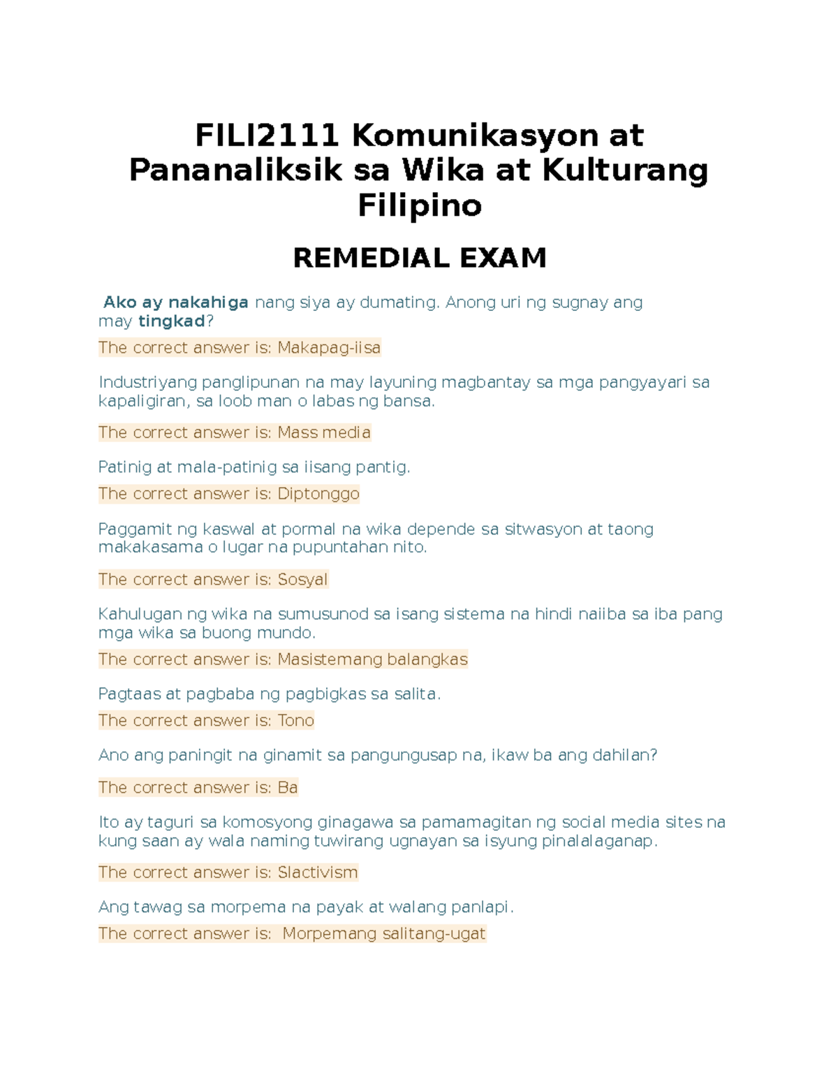 FILI2111 Komunikasyon At Pananaliksik Sa Wika (Remedial Exam) WEWO ...