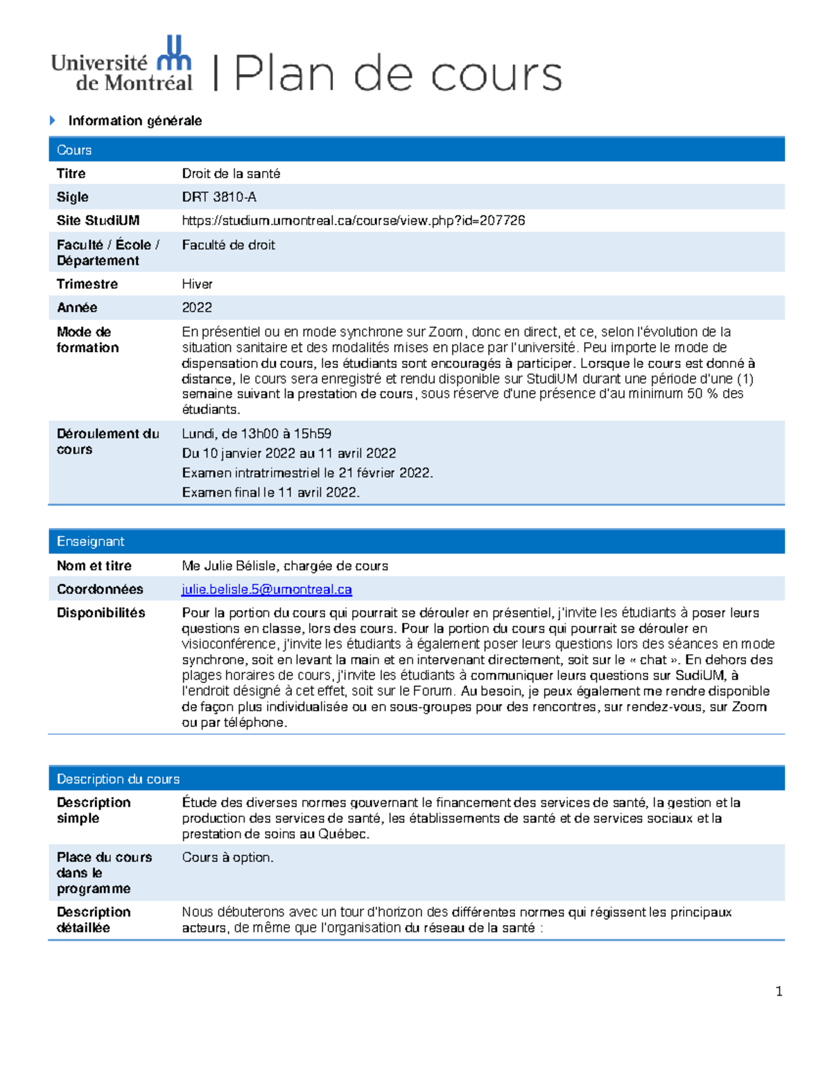 Plan de cours du cours de droit de la santé - Information générale ...