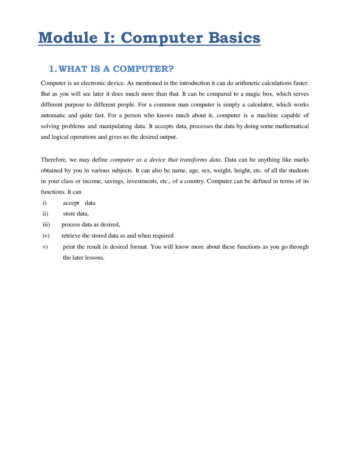 Introduction To Computer Module 1_BCA - Module I: Computer Basics 1 ...