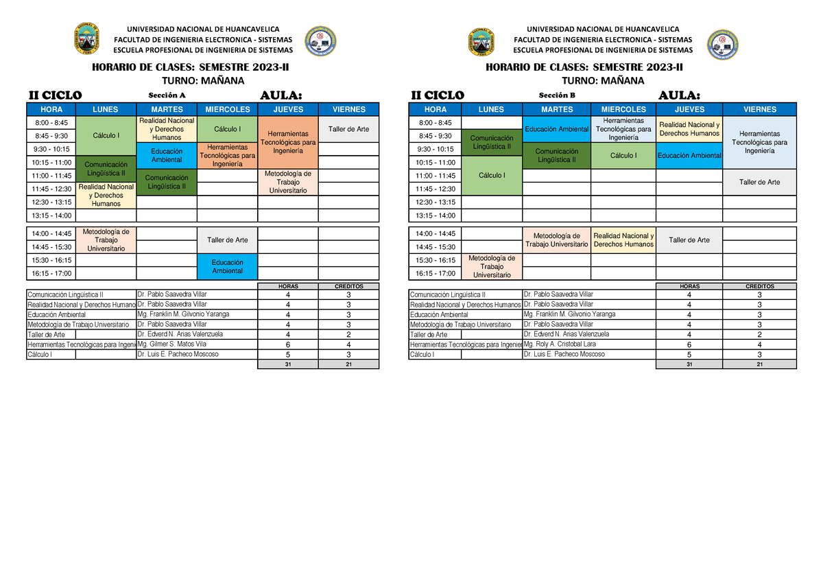 Horario 20 23-II-V1-1 - II CICLO SecciÛn A AULA: II CICLO SecciÛn B ...