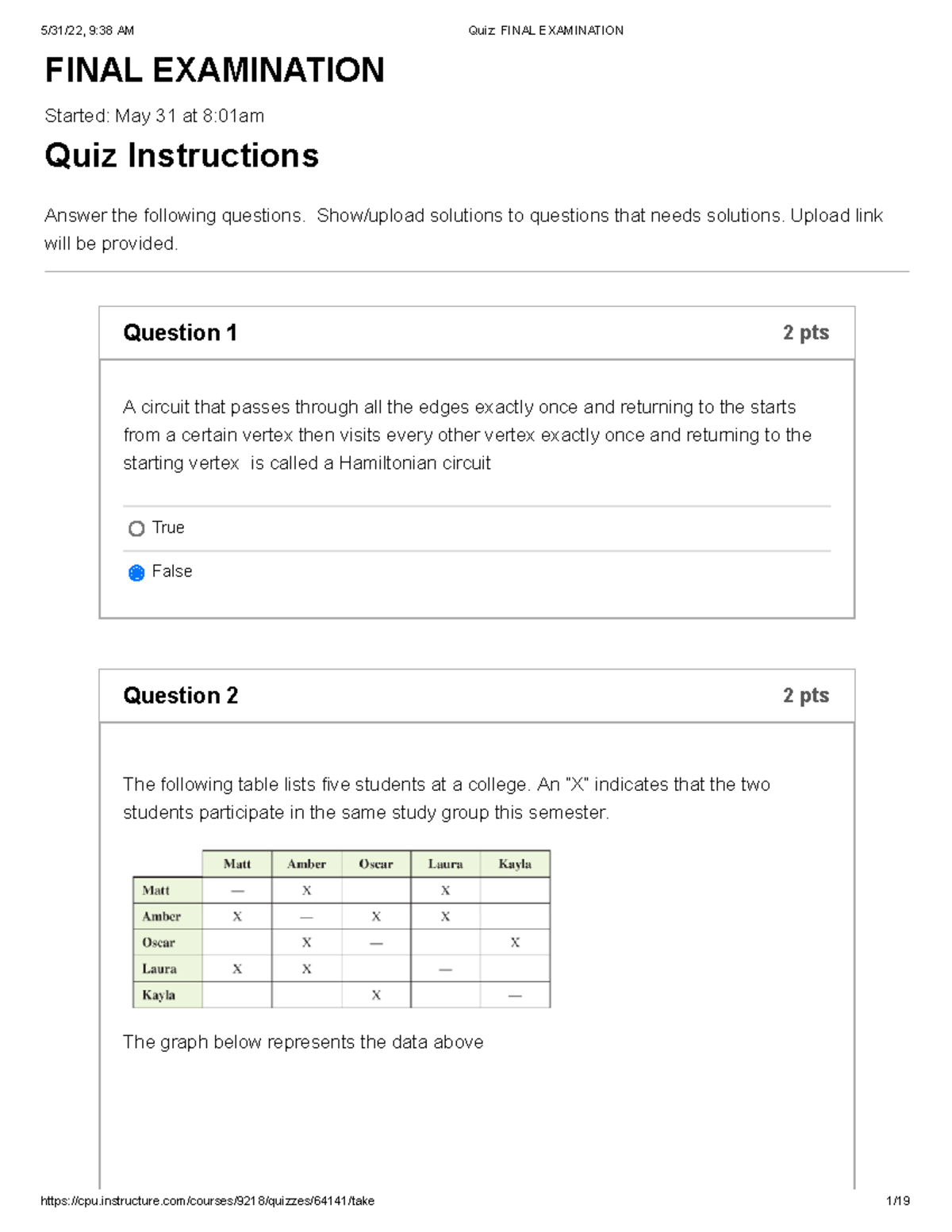 Quiz Final Examination - FINAL EXAMINATION Started: May 31 at 8:01am ...