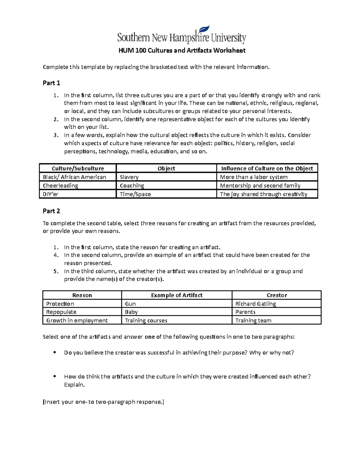 HUM 100 Cultures and Artifacts Worksheet - HUM 100 Cultures and ...