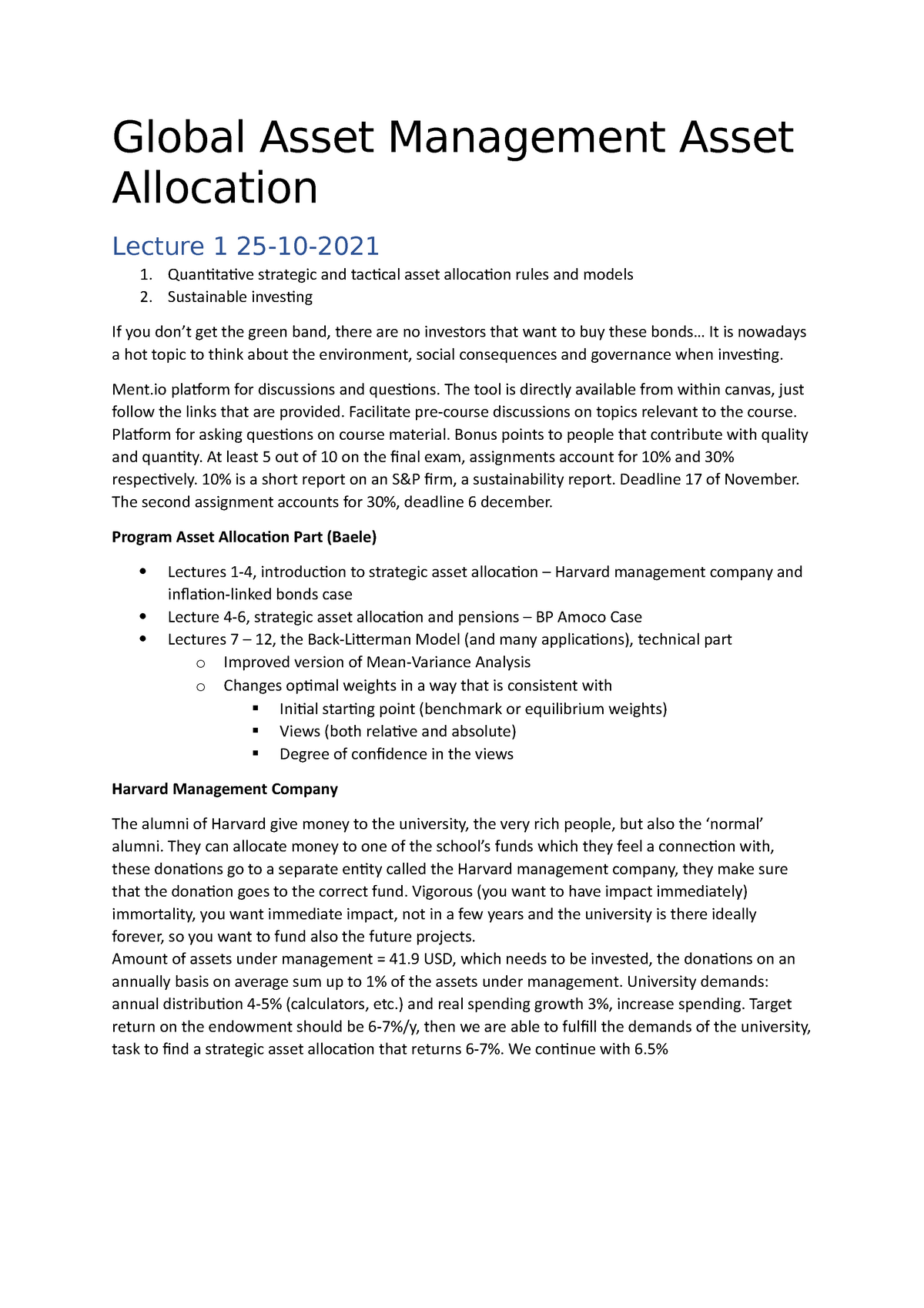 Summary Global Asset Management - GAM - Global Asset Management Asset 