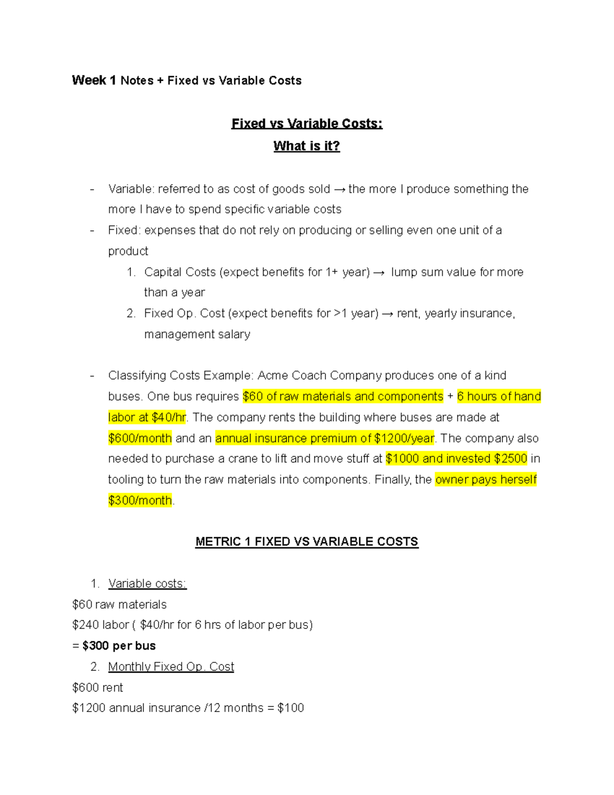 MKT 100 Week 1 Notes + Fixed vs Variable Costs - Week 1 Notes + Fixed ...