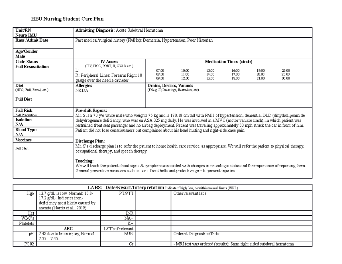 Student Clinical Nursing Care Plan 3 HBU Nursing Student Care Plan