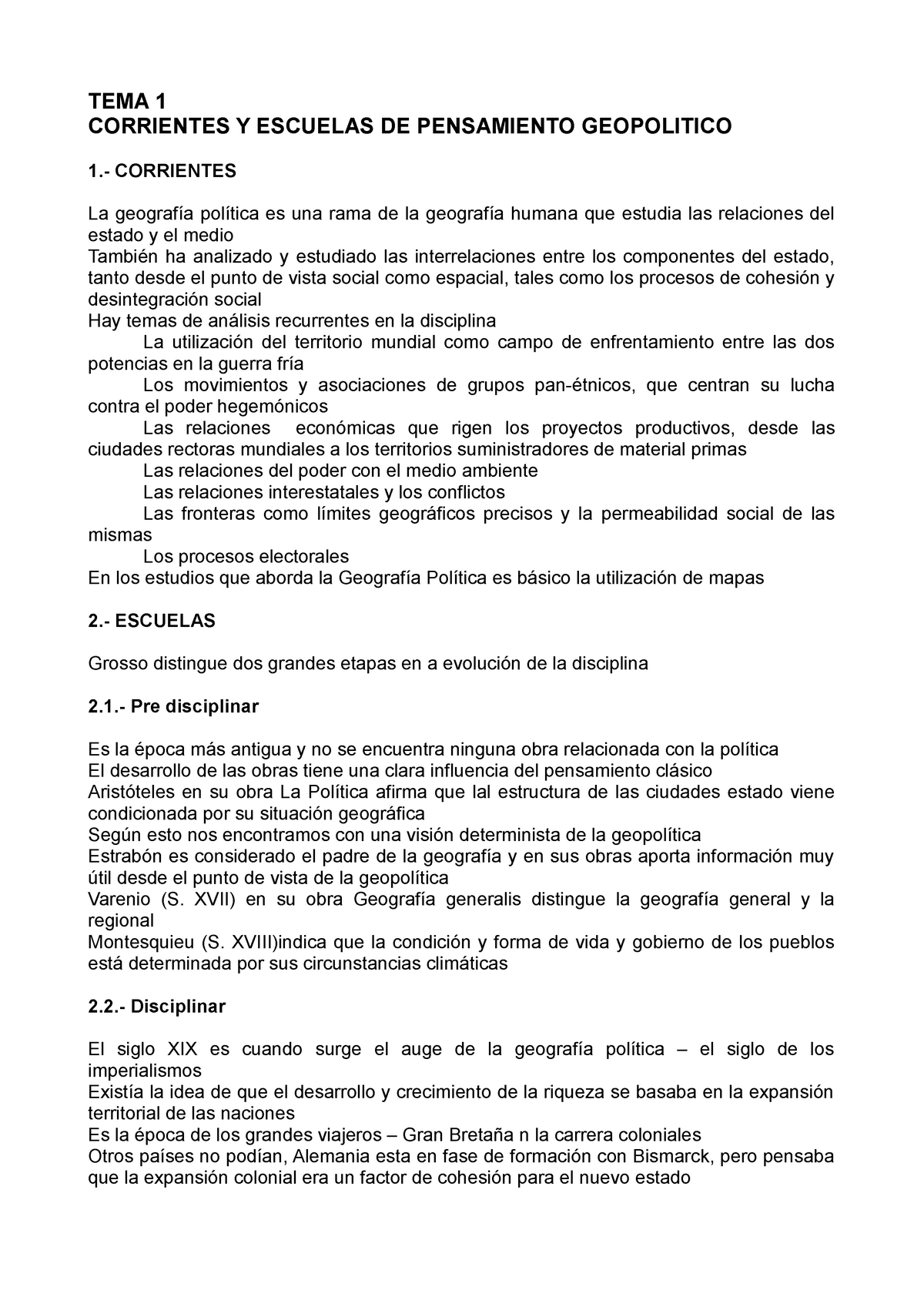 TEMA 1 CORRIENTES Y ESCUELAS DE PENSAMIENTO GEOPOLITICO - CORRIENTES La  geografía política es una - Studocu