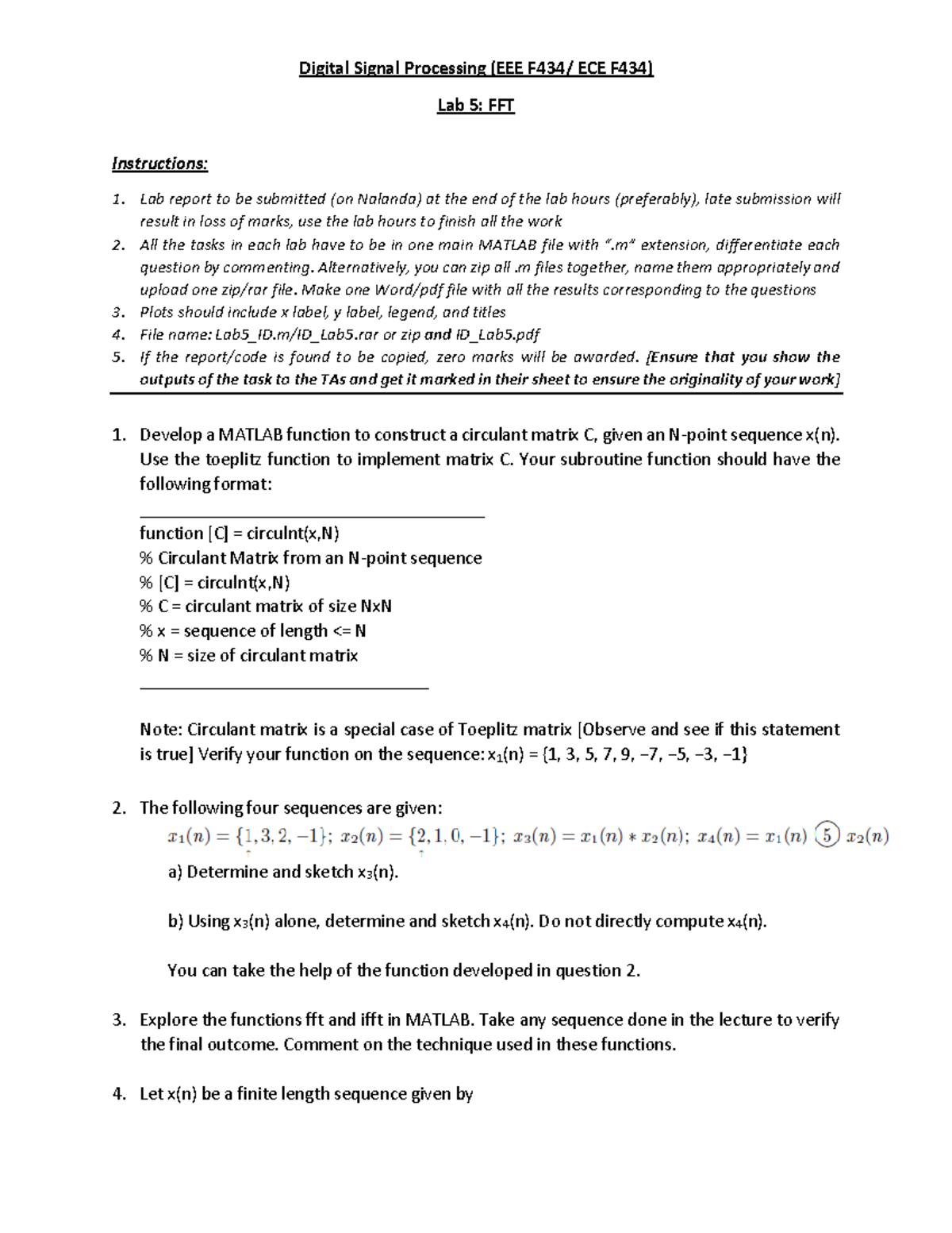 Lab 5 Lecture notes Digital Signal Processing (EEE F434/ ECE F434
